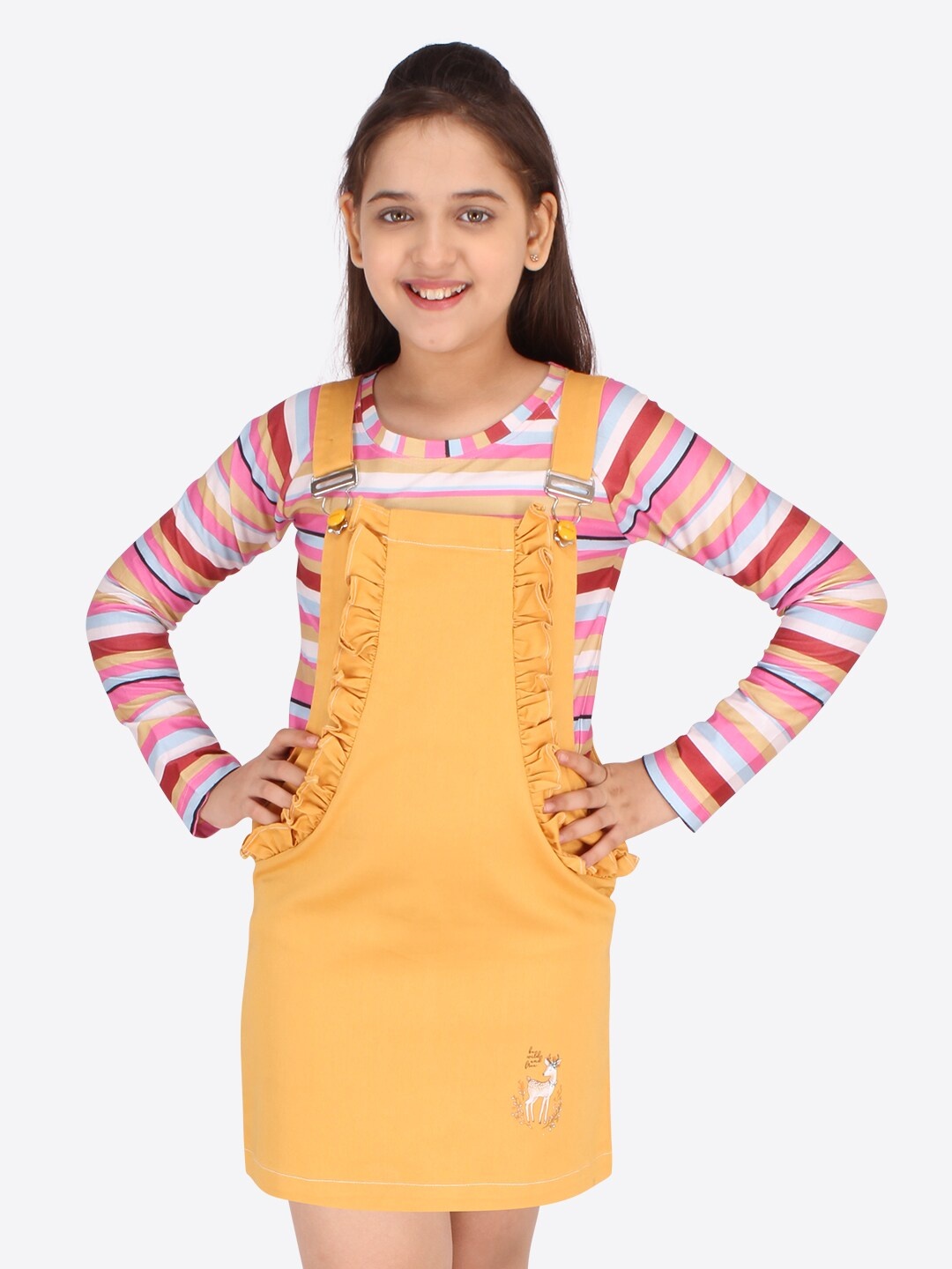 

CUTECUMBER Girl Yellow Denim Pinafore Cotton Dress