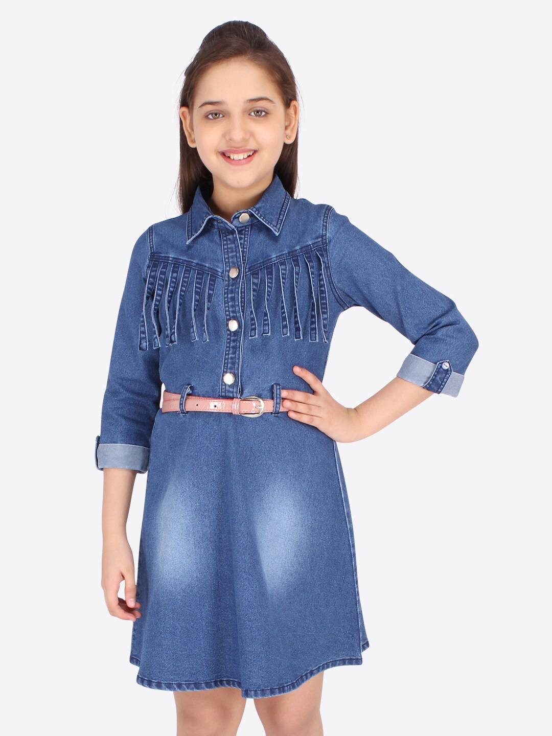 

CUTECUMBER Girls Blue Fringed Denim Shirt Dress