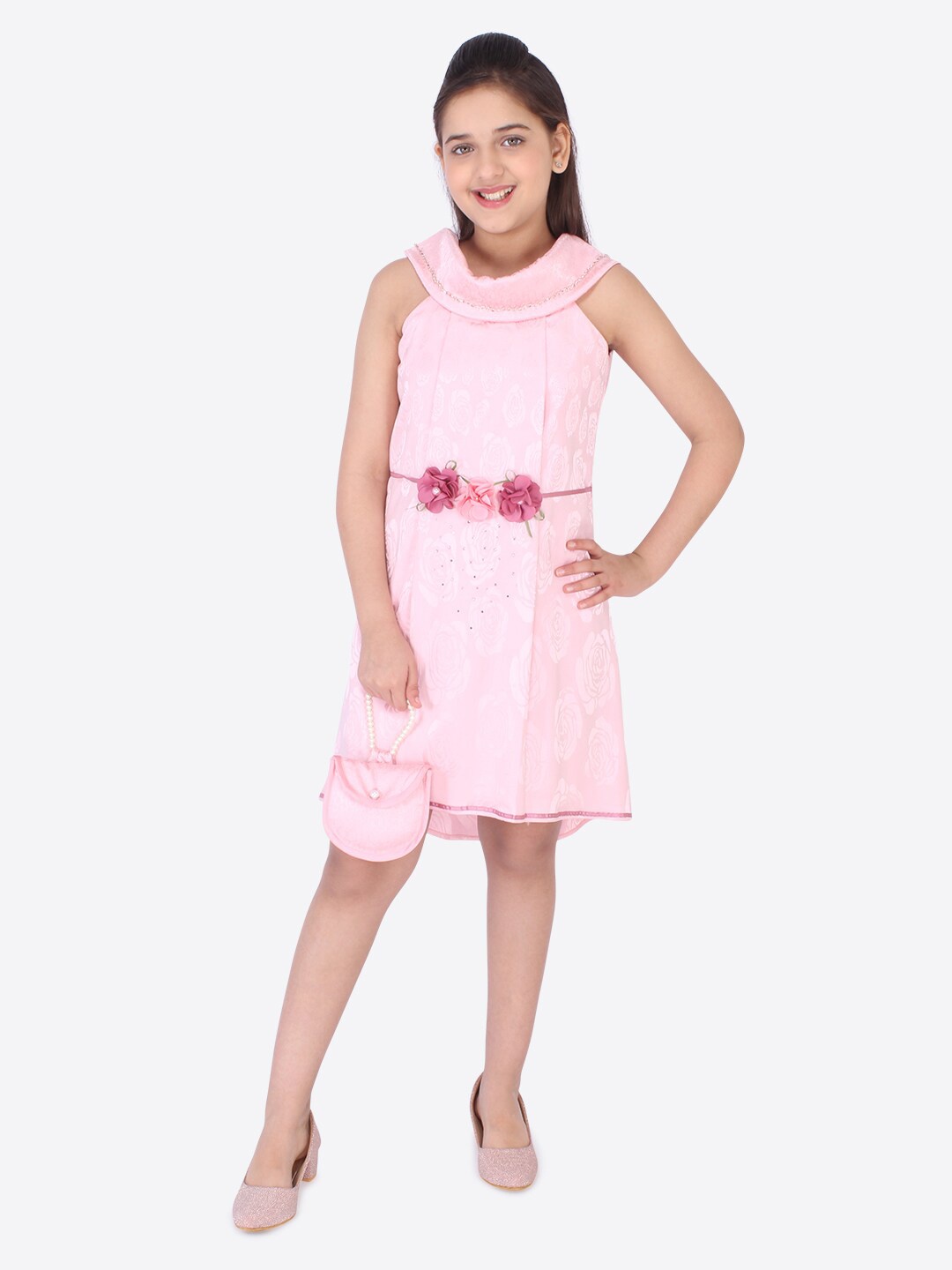 

CUTECUMBER Girls Pink Floral Halter Neck Jacquard A-Line Dress