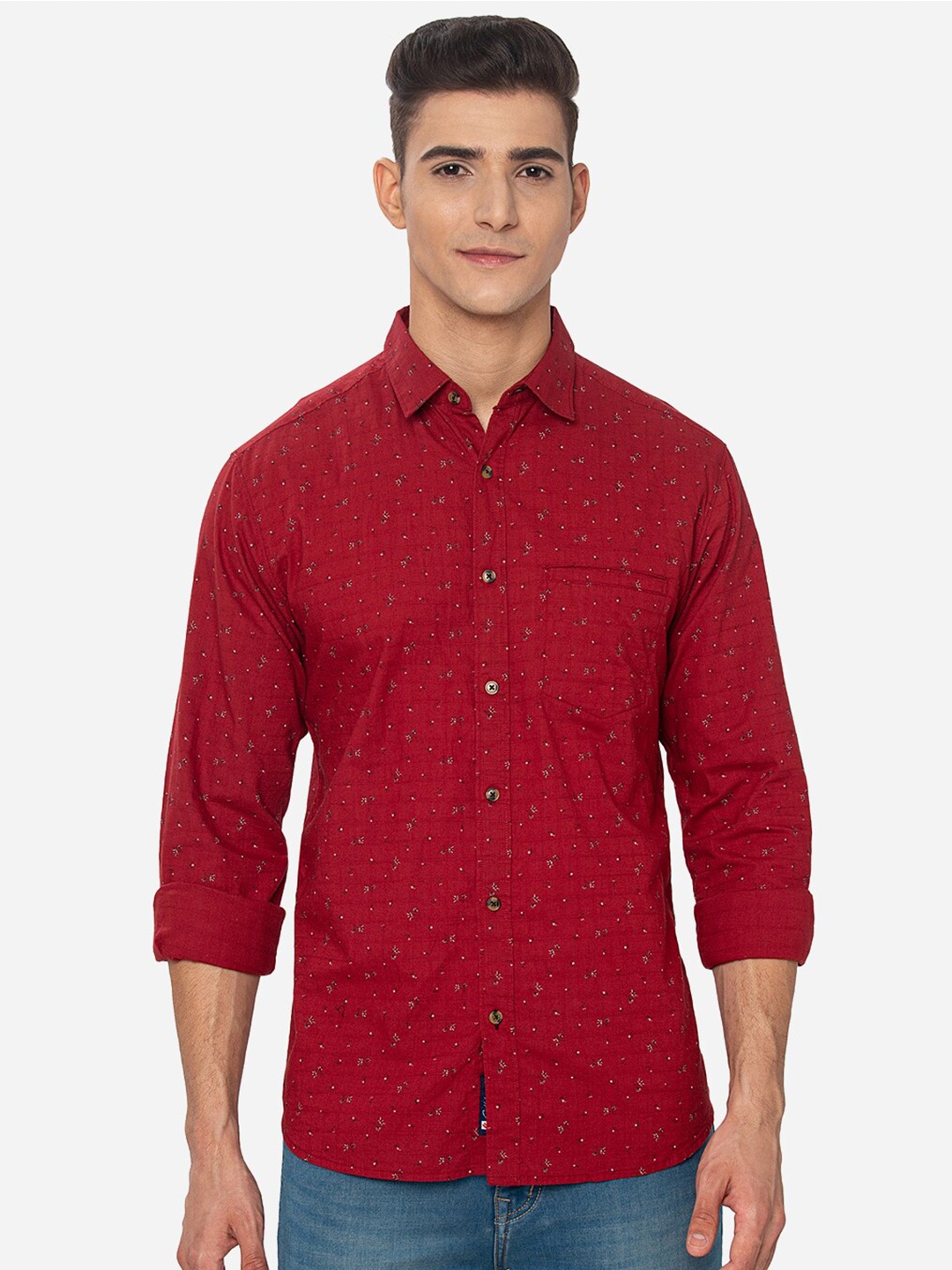 

Greenfibre Men Red Slim Fit Printed Cotton Casual Shirt