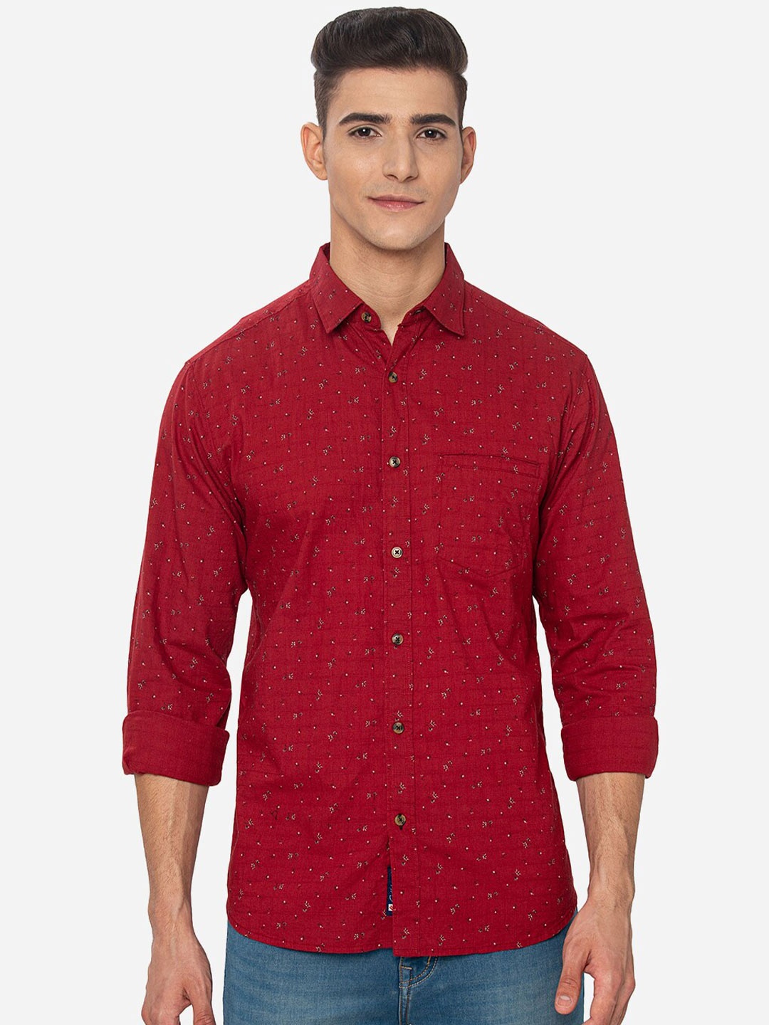 

Greenfibre Men Slim Fit Printed Cotton Casual Shirt, Red