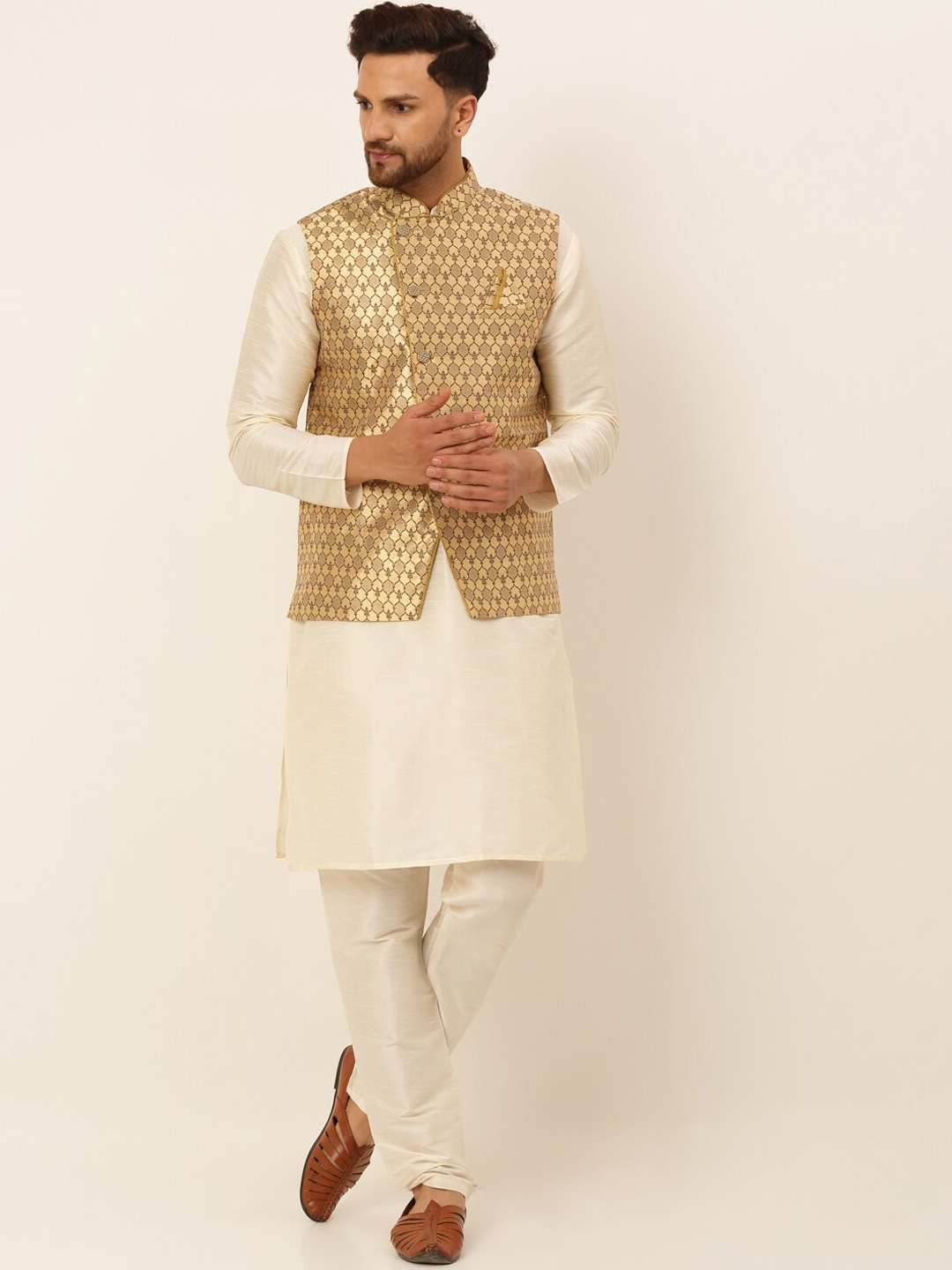 

Jompers Men White Kurta with Pyjama and Gold-Toned Nehru Jacket