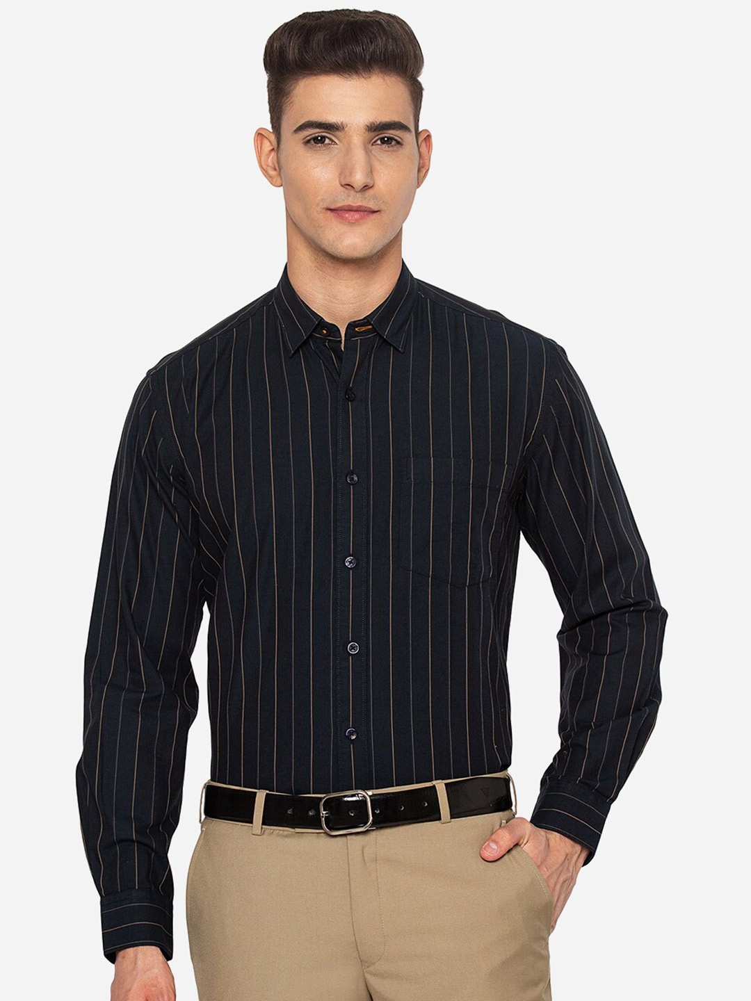 

JADE BLUE Men Black Cotton Slim Fit Striped Casual Shirt