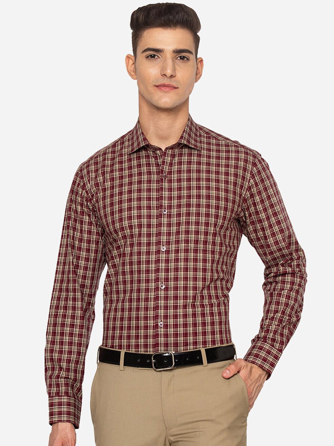 

JADE BLUE Men Beige Slim Fit Grid Tattersall Checked Formal Shirt