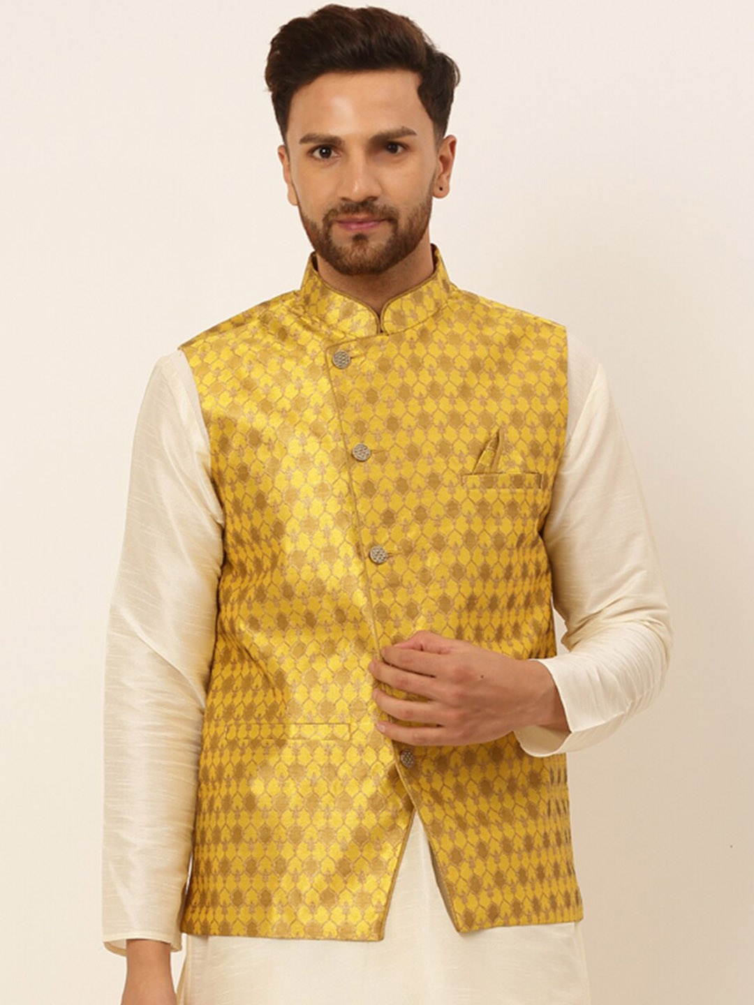 

Jompers Men Mustard Yellow Woven Design Nehru Jacket