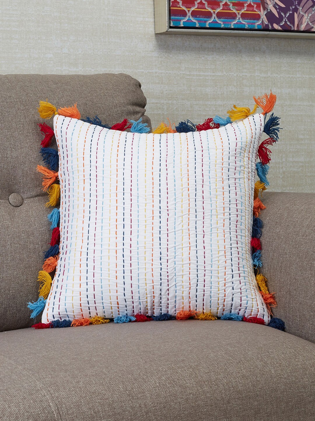 

HomeTown White & Blue Embroidered Square Cushion Covers
