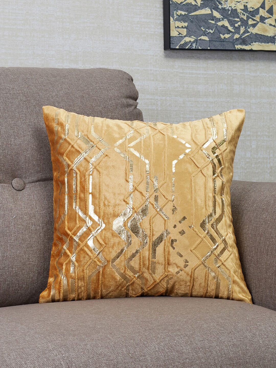 

HomeTown Beige & Silver-Toned Geometric Velvet Square Cushion Covers