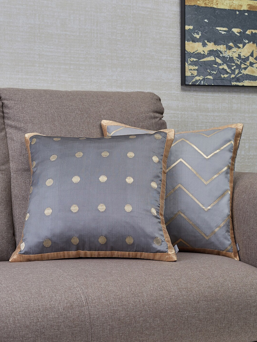 

HomeTown Pack of 2 Grey & Gold-Toned Square Cushion Covers