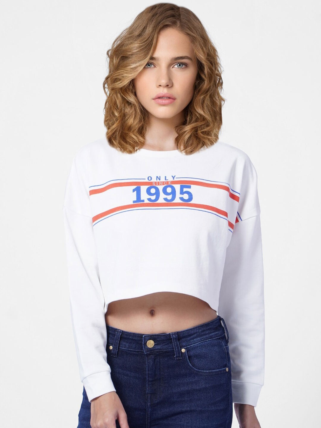 

ONLY Women White Printed Crop Sweatshirt