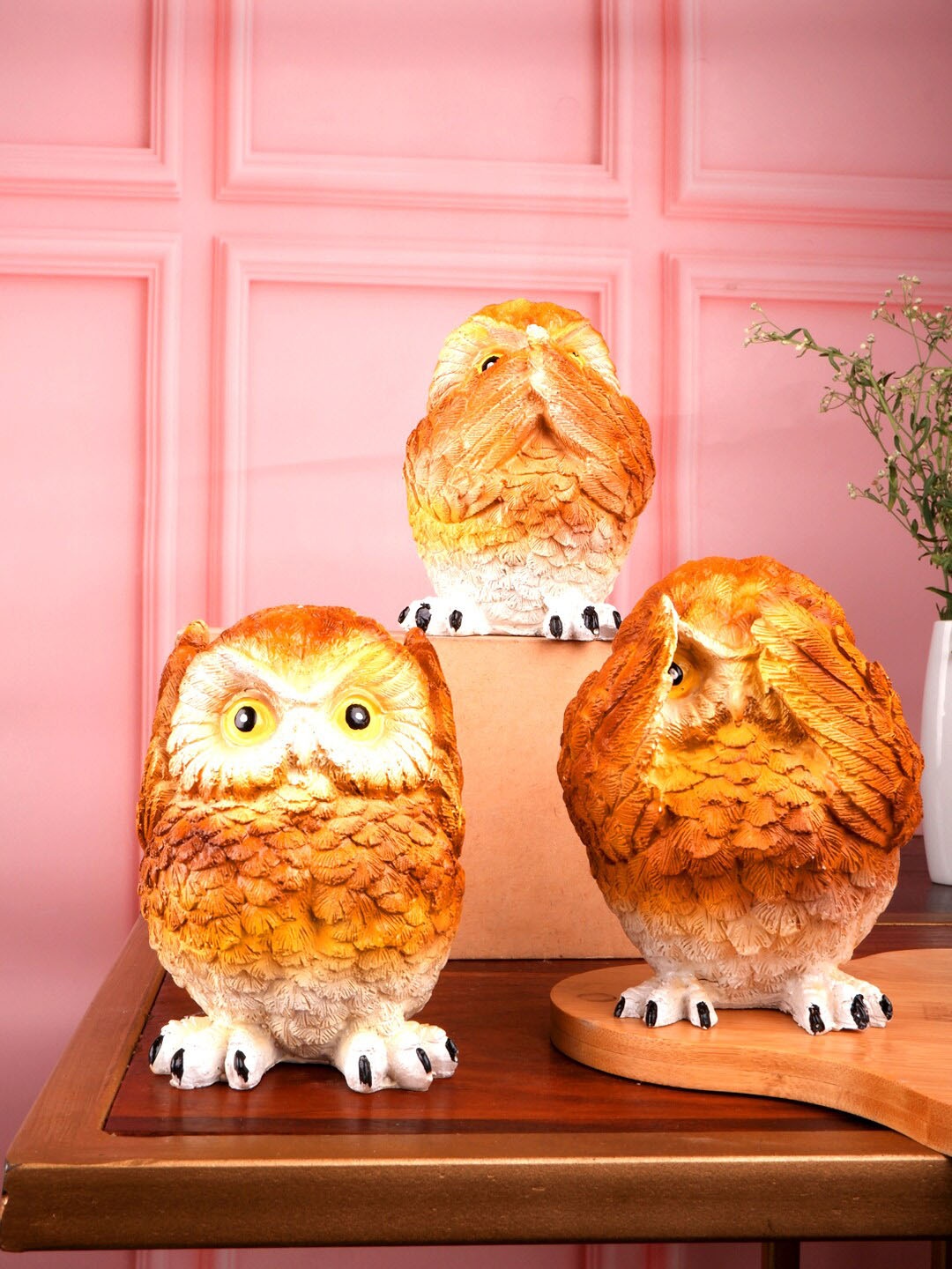 

THE WHITE INK DECOR Pack Of 3 Yellow & White Owl Figurine Showpiece