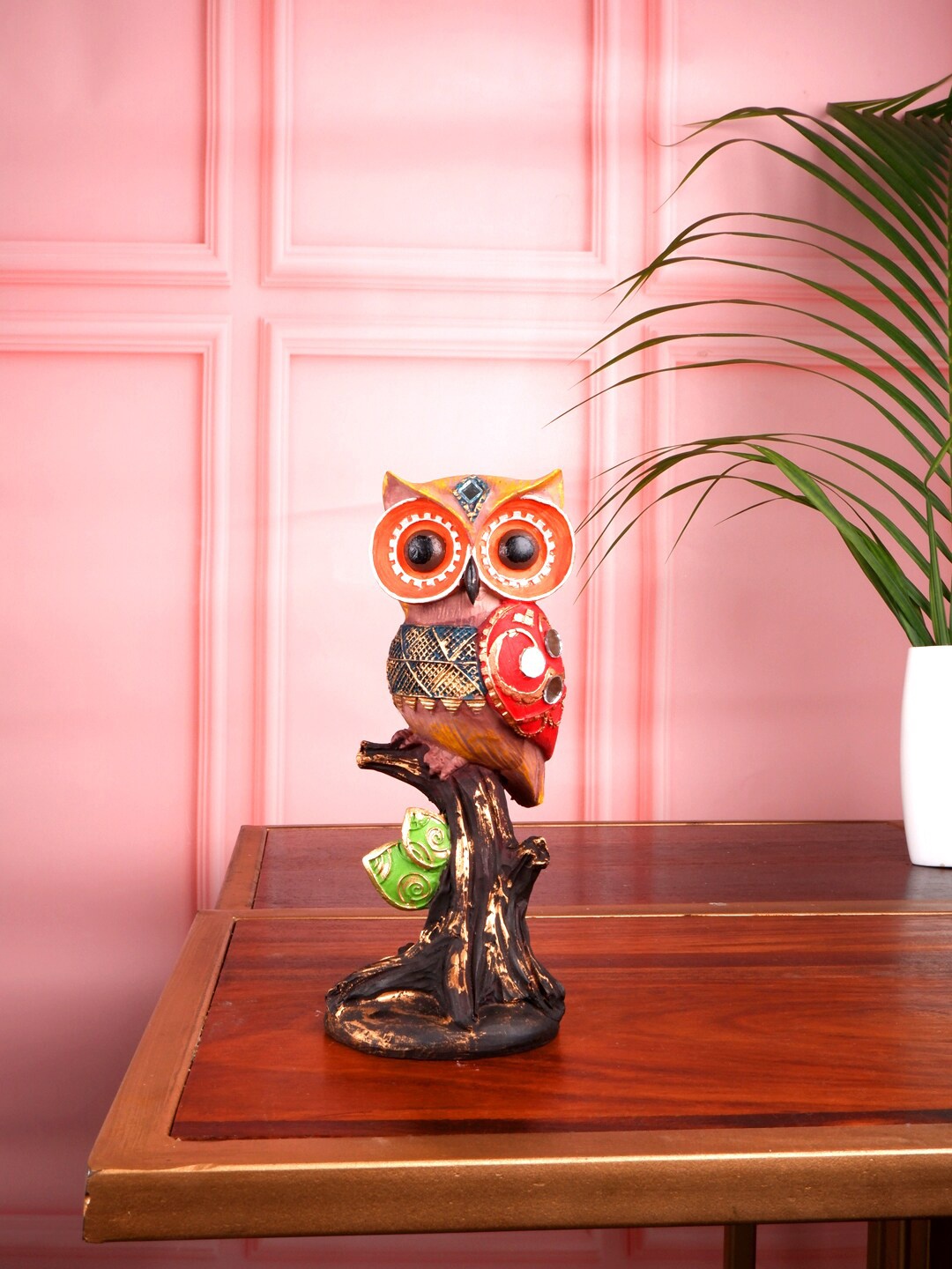 

THE WHITE INK DECOR Orange Colored Textured Owl Showpiece