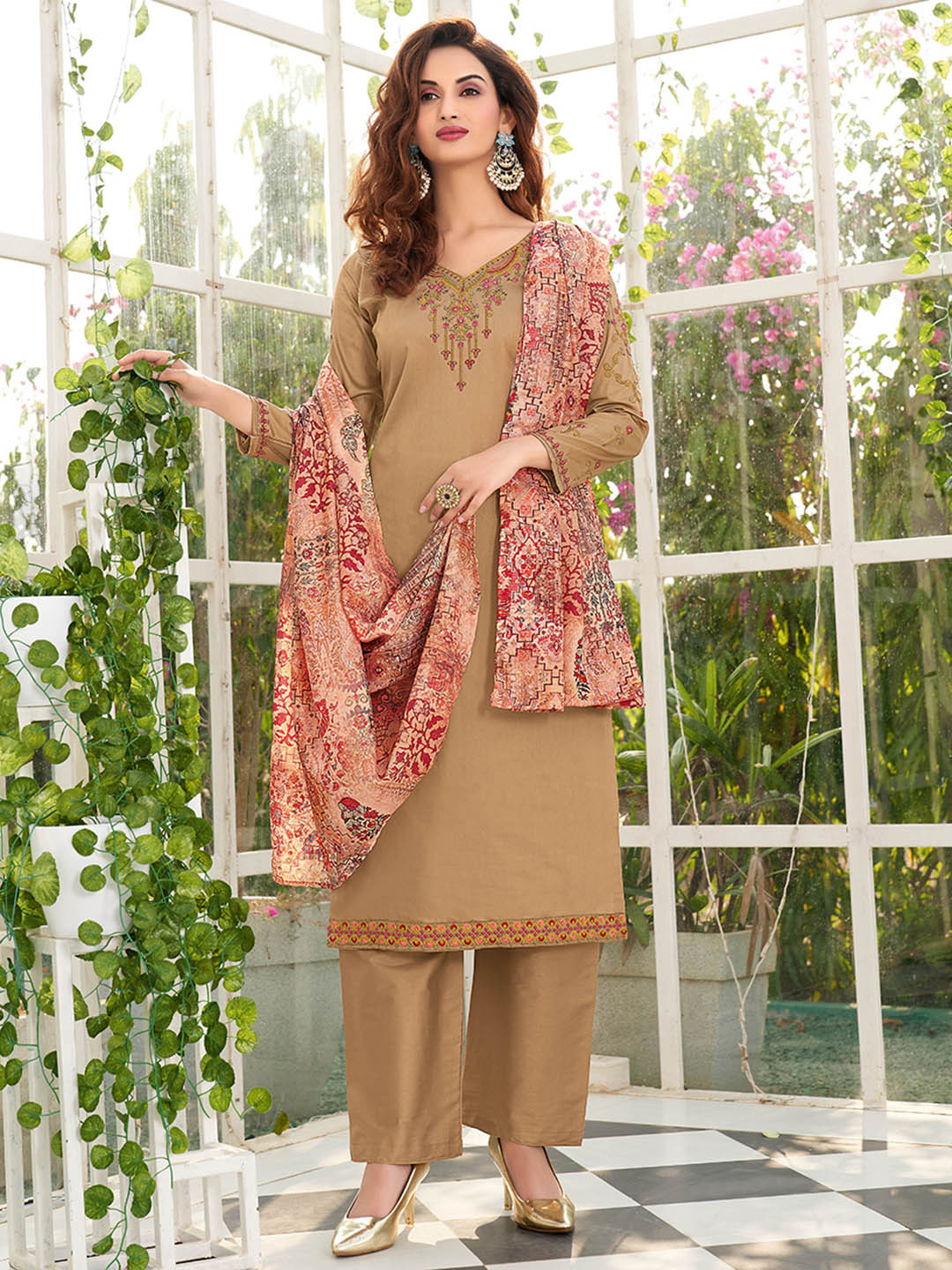 

Shaily Brown & Peach-Coloured Embroidered Pure Cotton Unstitched Dress Material