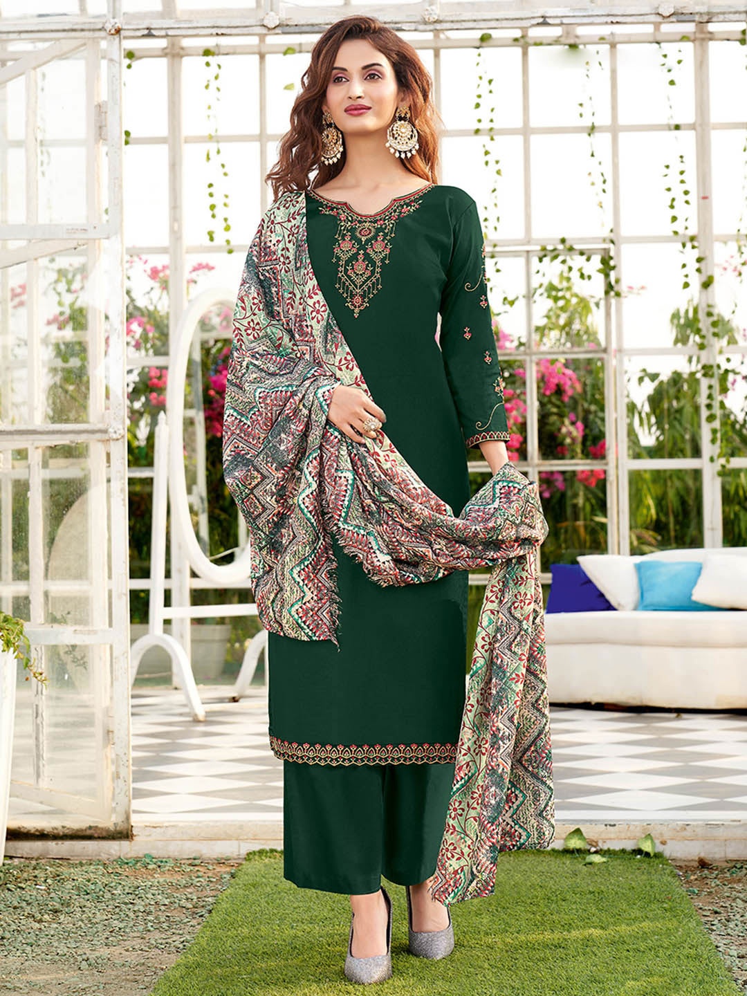 

Shaily Green & Pink Embroidered Pure Cotton Unstitched Dress Material