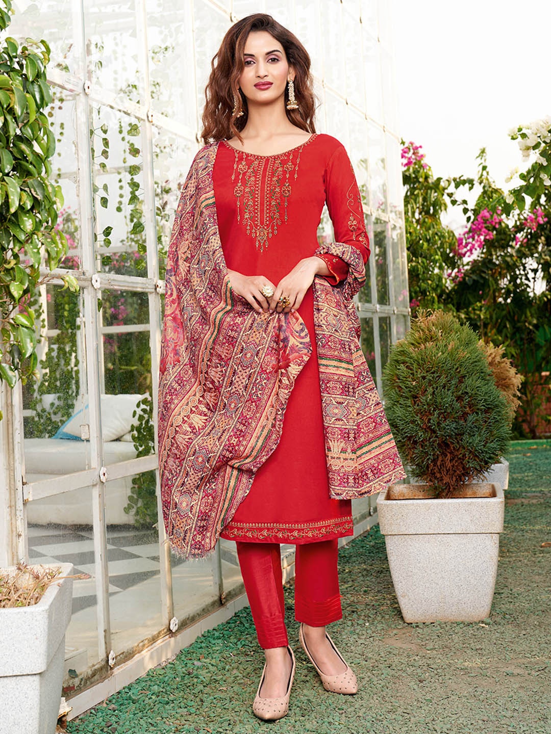 

Shaily Red & Pink Embroidered Pure Cotton Unstitched Dress Material