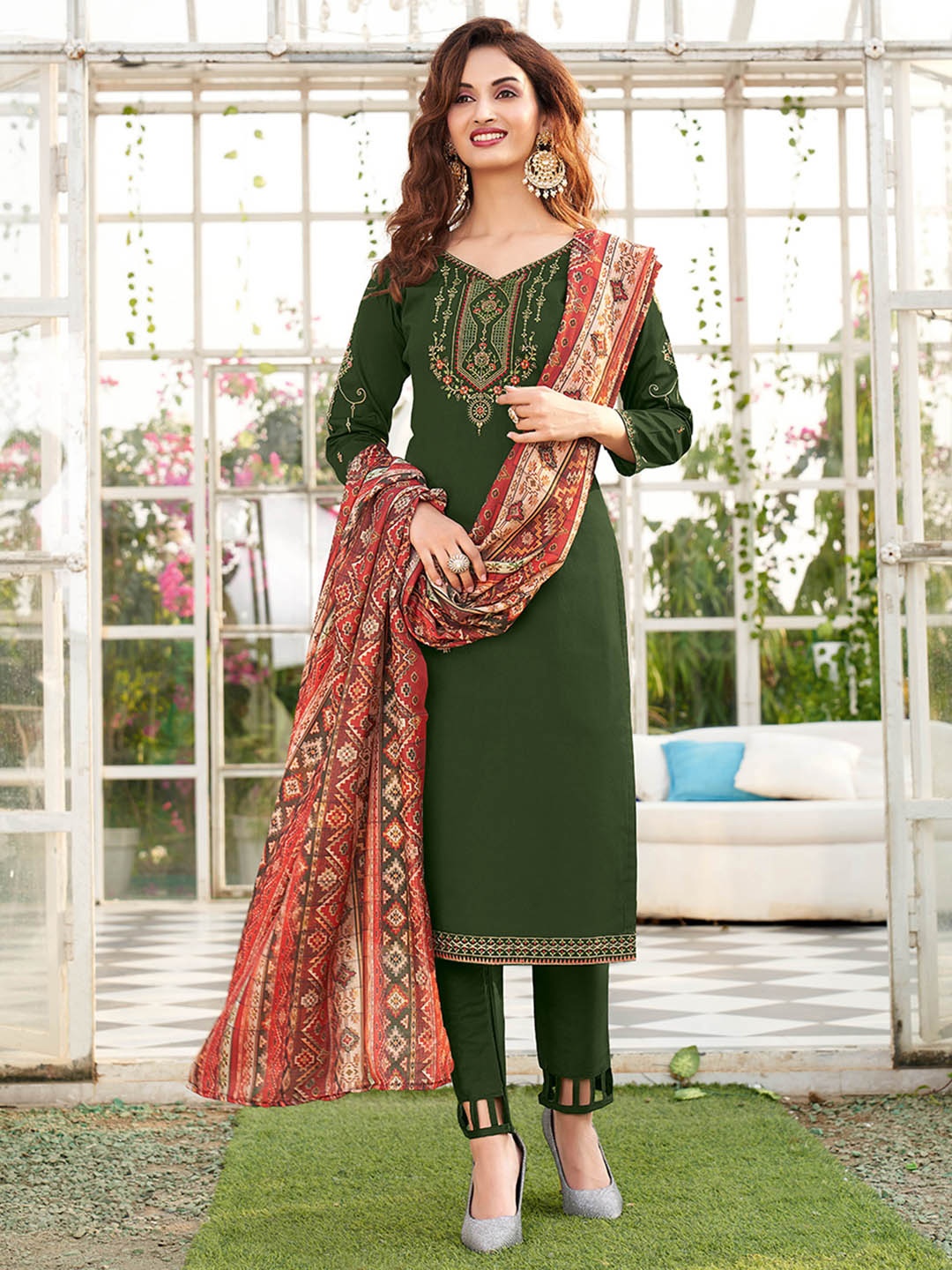 

Shaily Green & Red Embroidered Pure Cotton Unstitched Dress Material