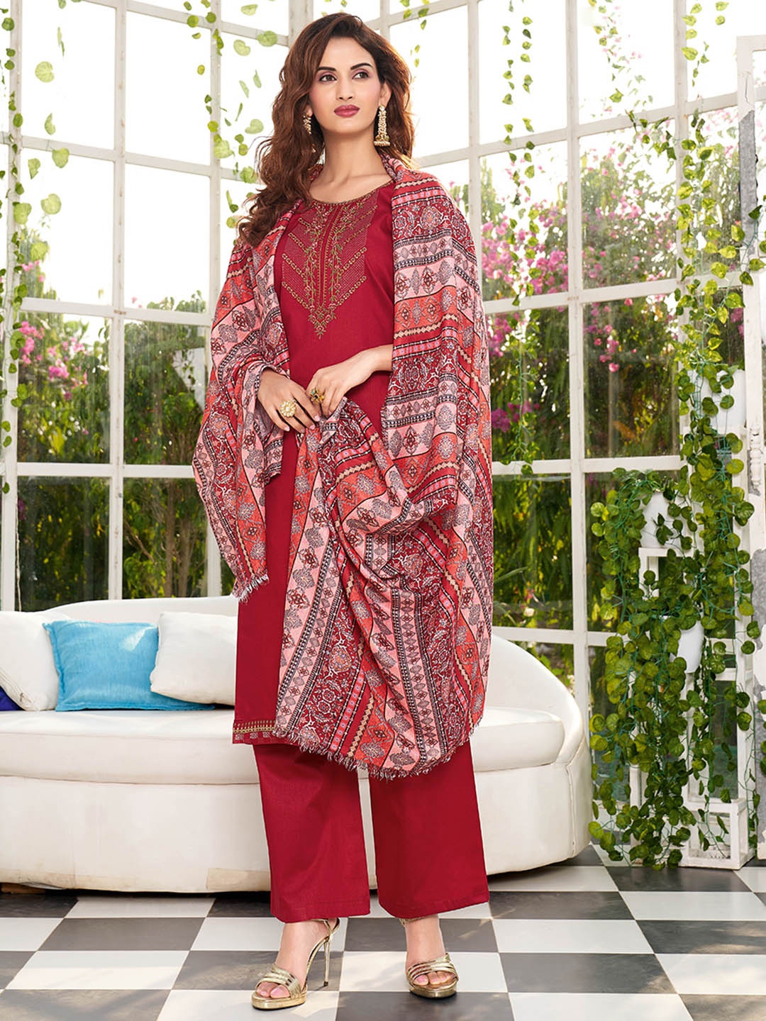 

Shaily Maroon & Pink Embroidered Pure Cotton Unstitched Dress Material