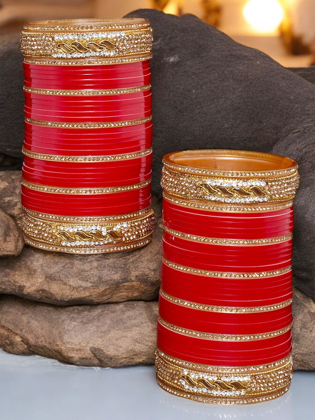 

LUCKY JEWELLERY Red & White CZ Studded Bangles Set