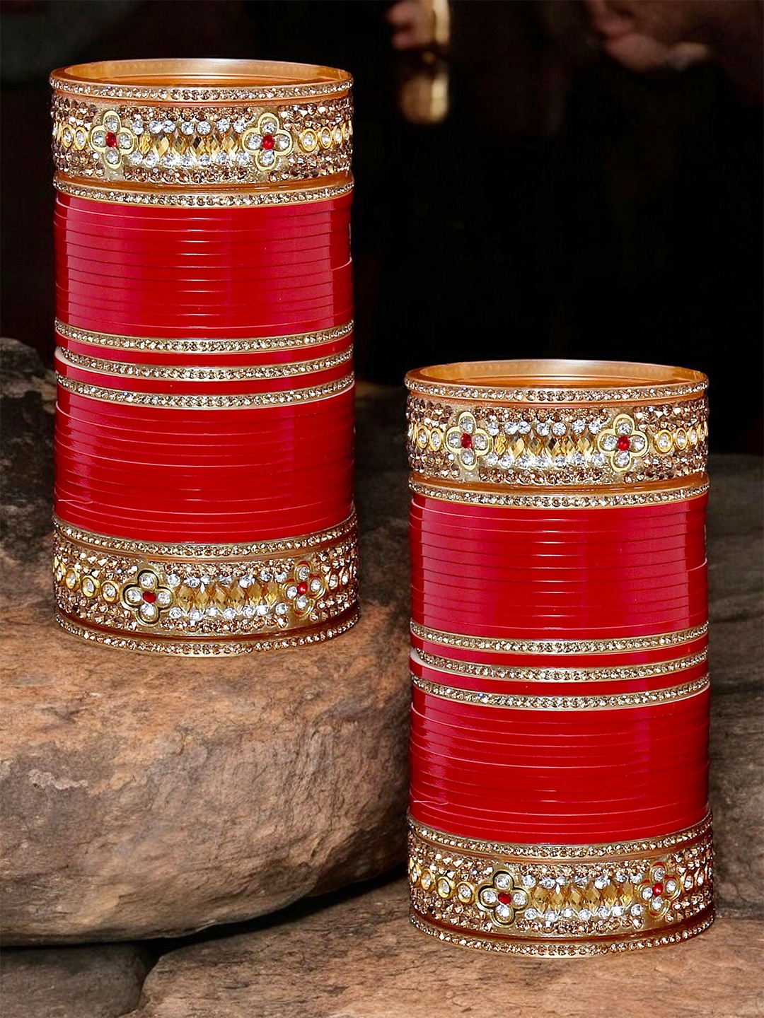 

LUCKY JEWELLERY Red CZ & Kundan Studded Punjabi Bridal Bangle Set