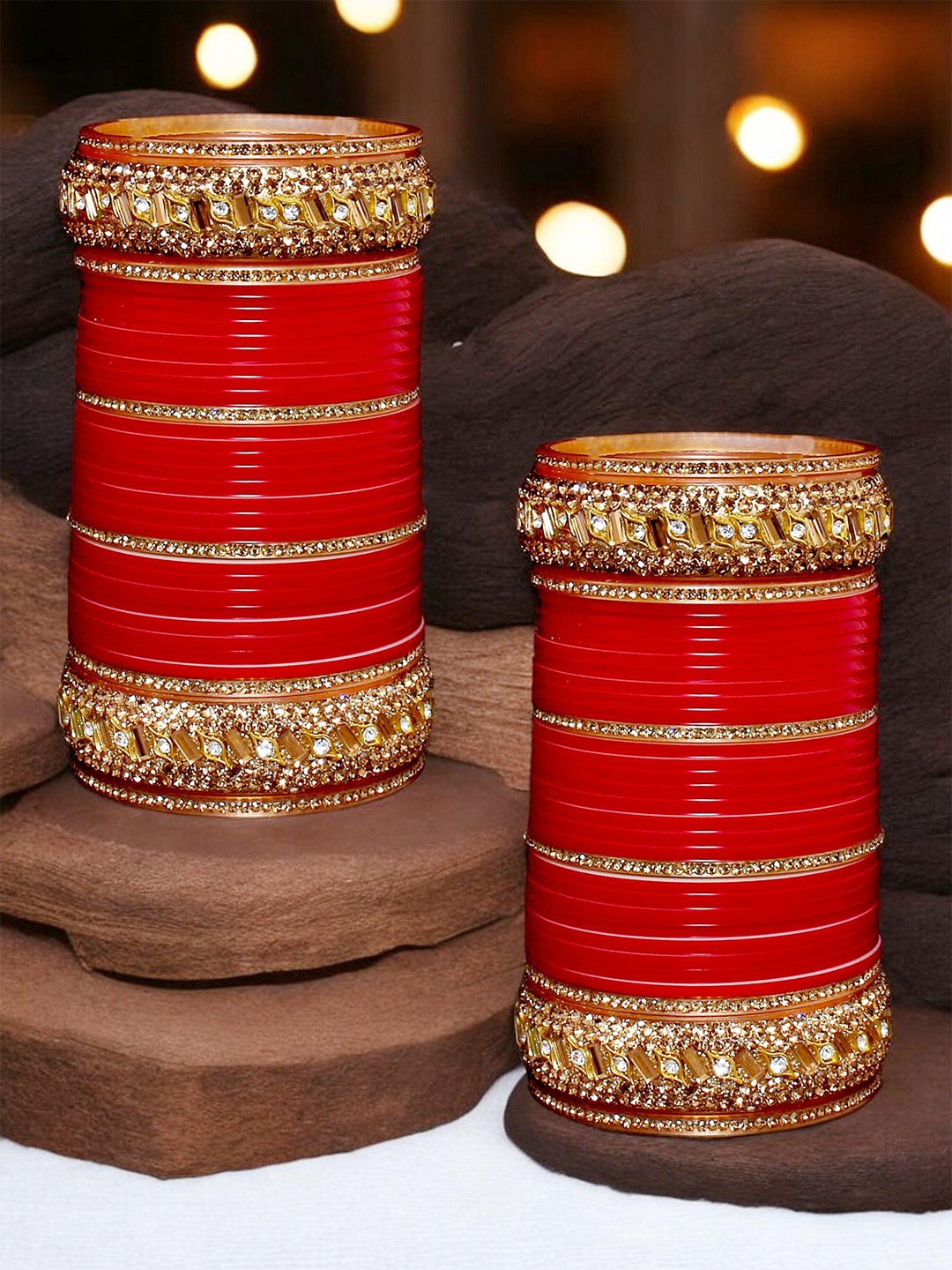 

LUCKY JEWELLERY Red CZ & Kundan Studded Punjabi Bridal Bangle Set