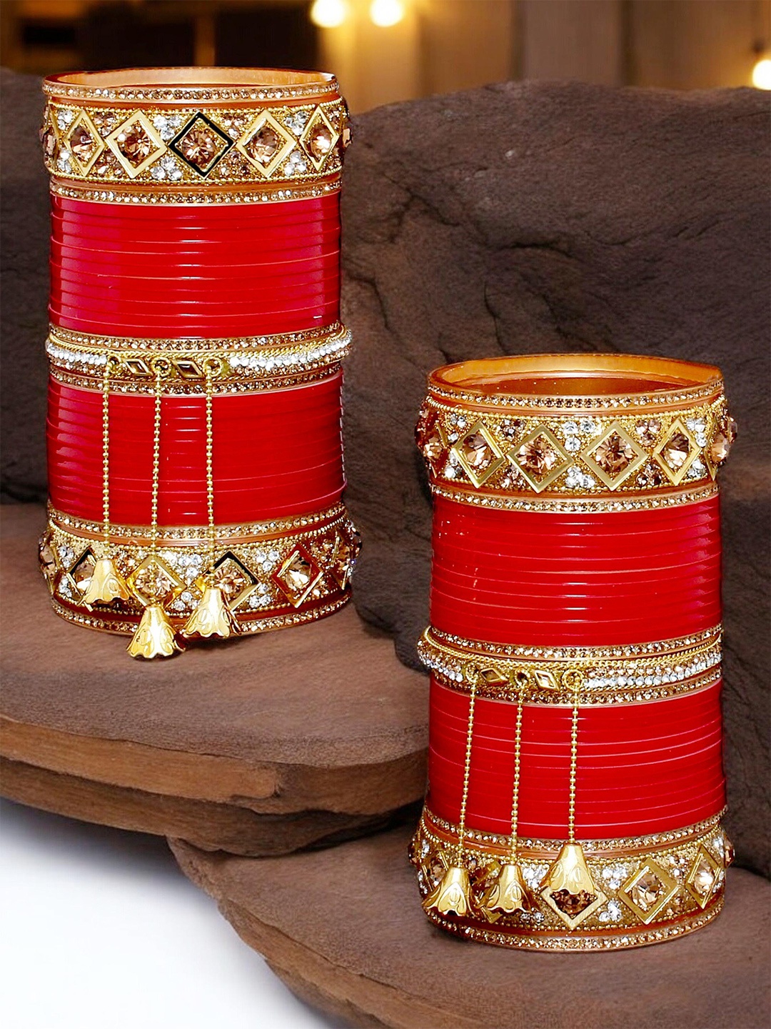 

LUCKY JEWELLERY Gold-Toned & Red Kundan & CZ Stone-Studded Chuda Bangle Set