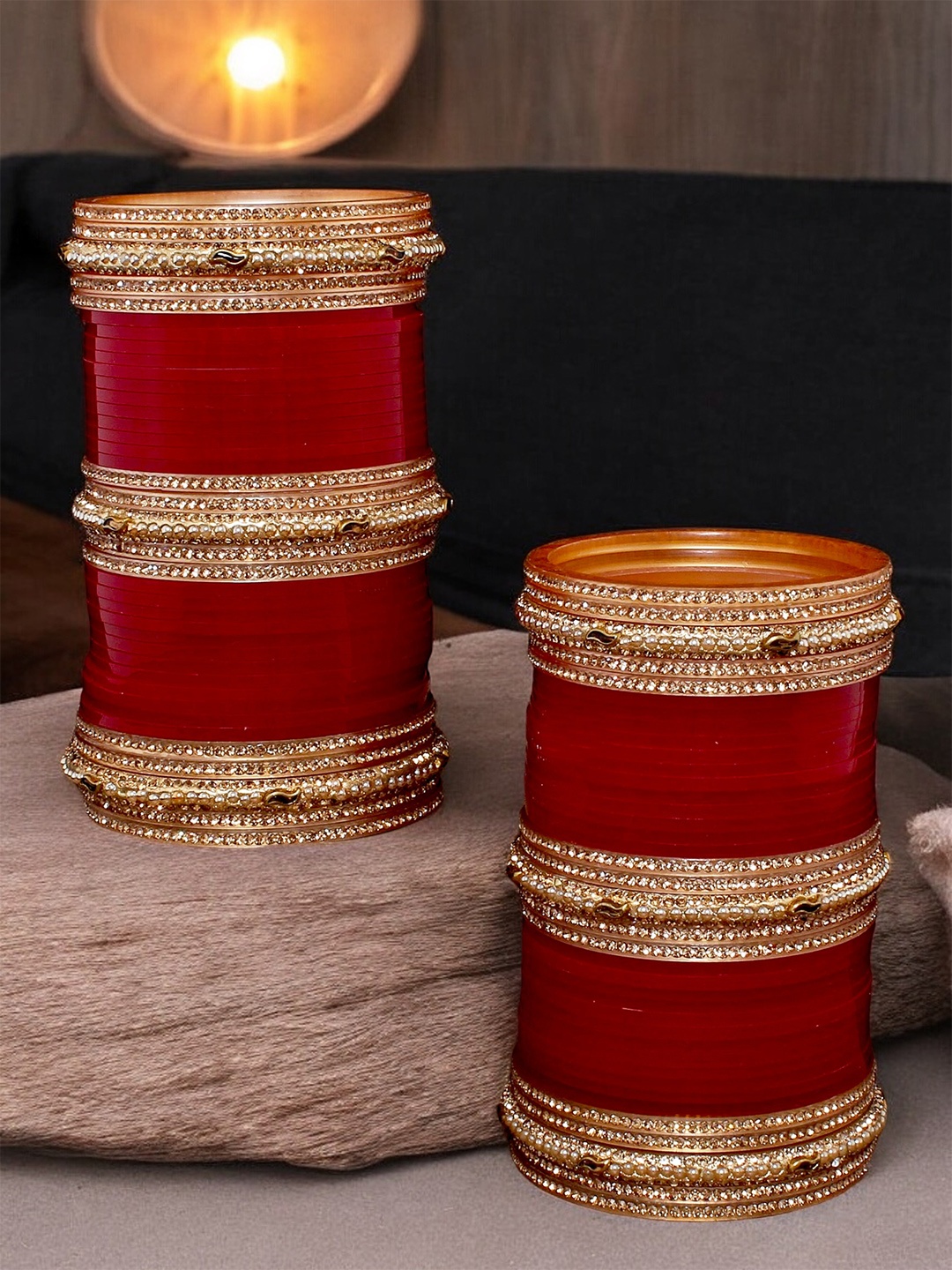 

LUCKY JEWELLERY Women Gold-Plated Maroon & White Stone Studded Punjabi Chuda Bangles Set