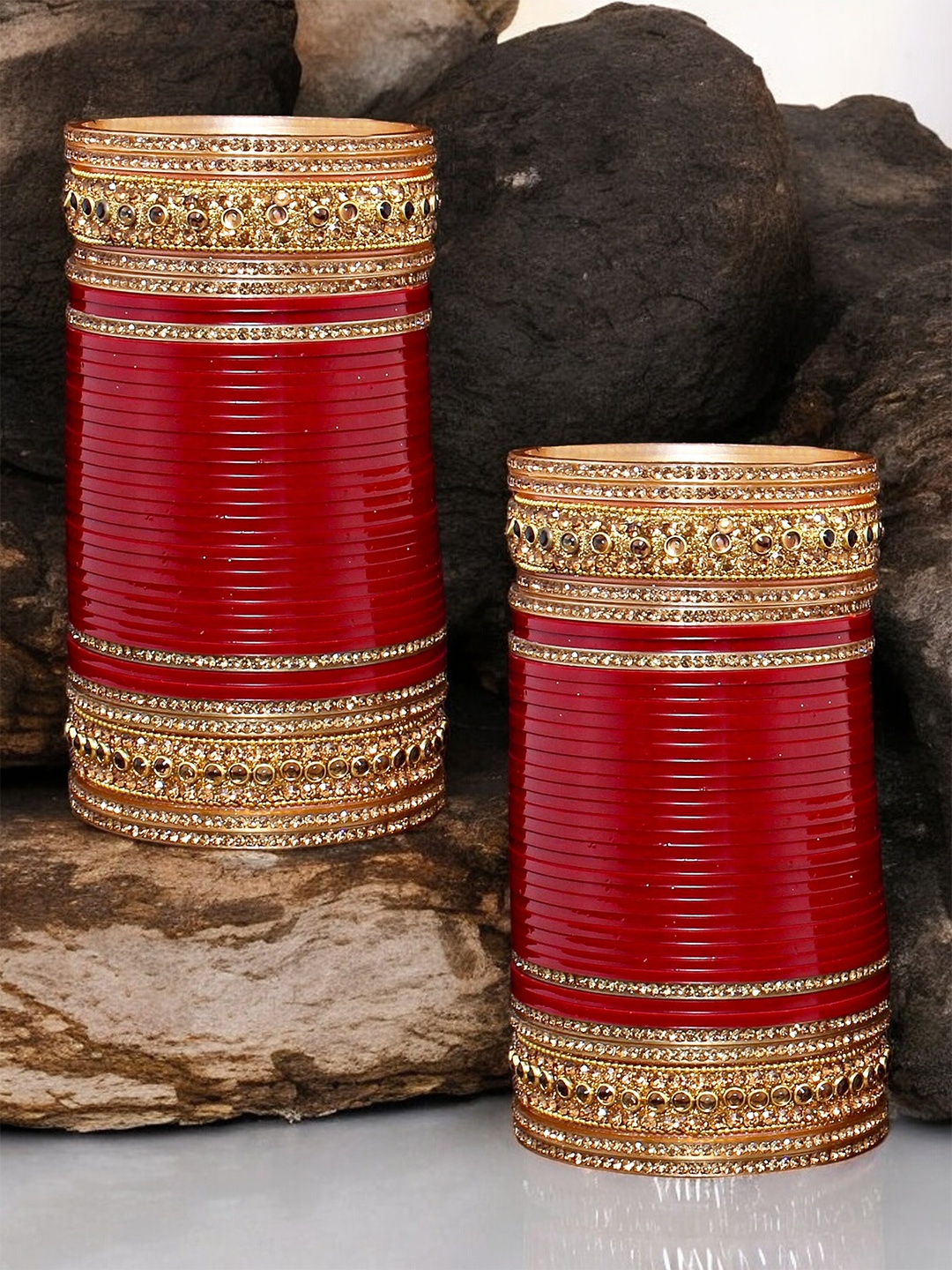 

LUCKY JEWELLERY Maroon & White Stone Studded Bangle Set