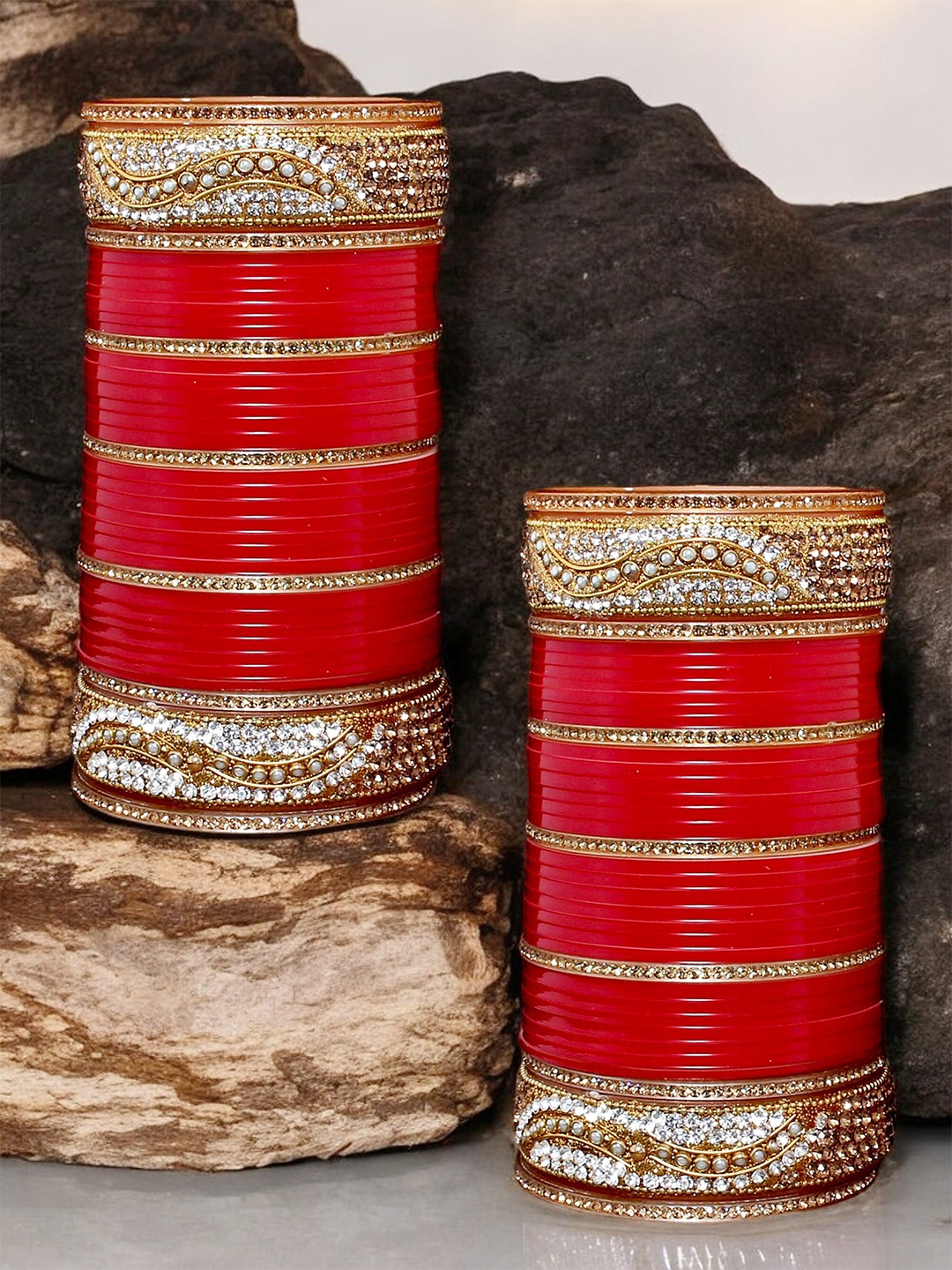 

LUCKY JEWELLERY Red & Gold-Toned CZ Studded Bridal Chura Bangle Set