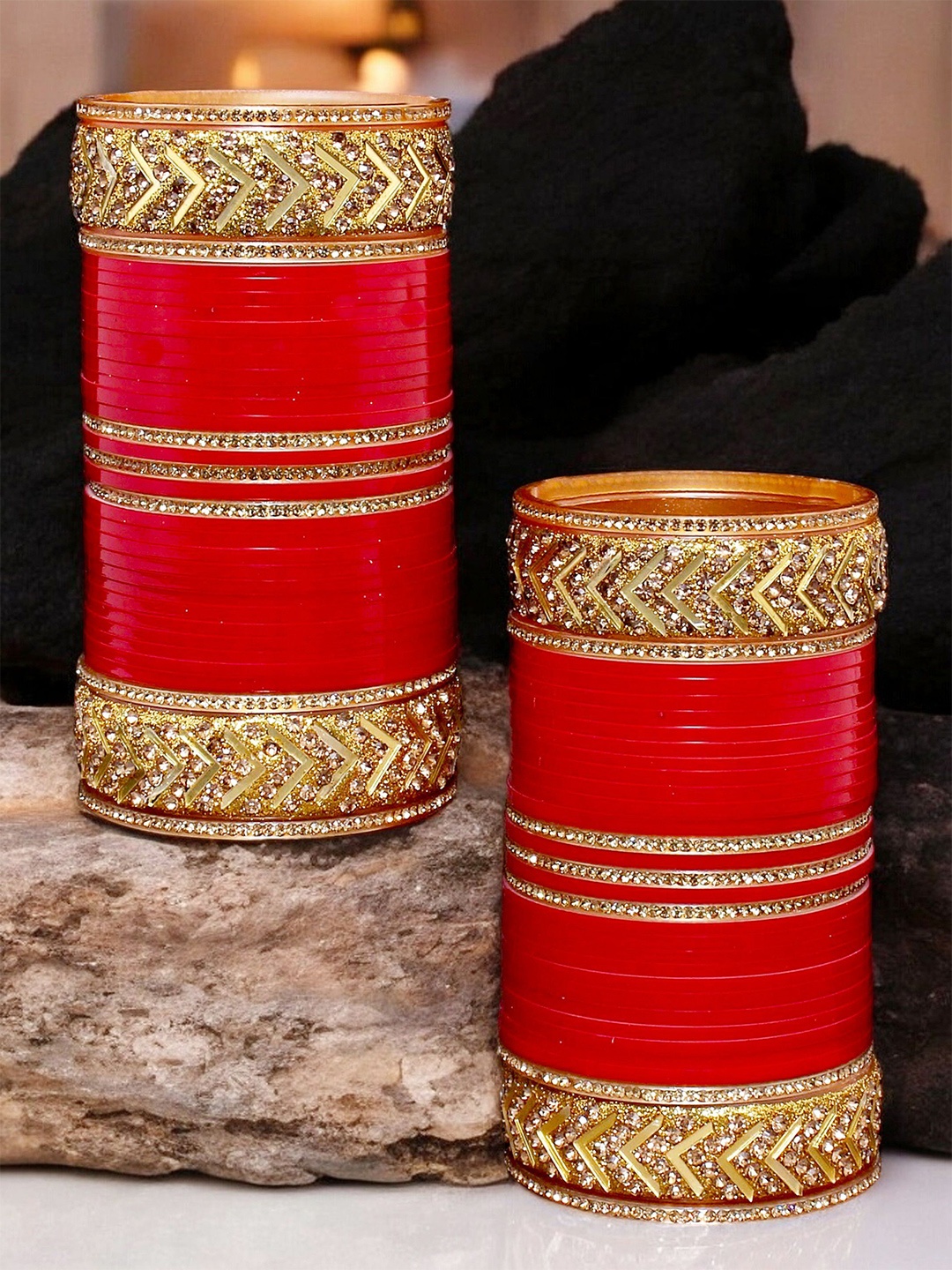 

LUCKY JEWELLERY Gold-Toned & Red CZ & Pearl Studded Chura Bangle Set