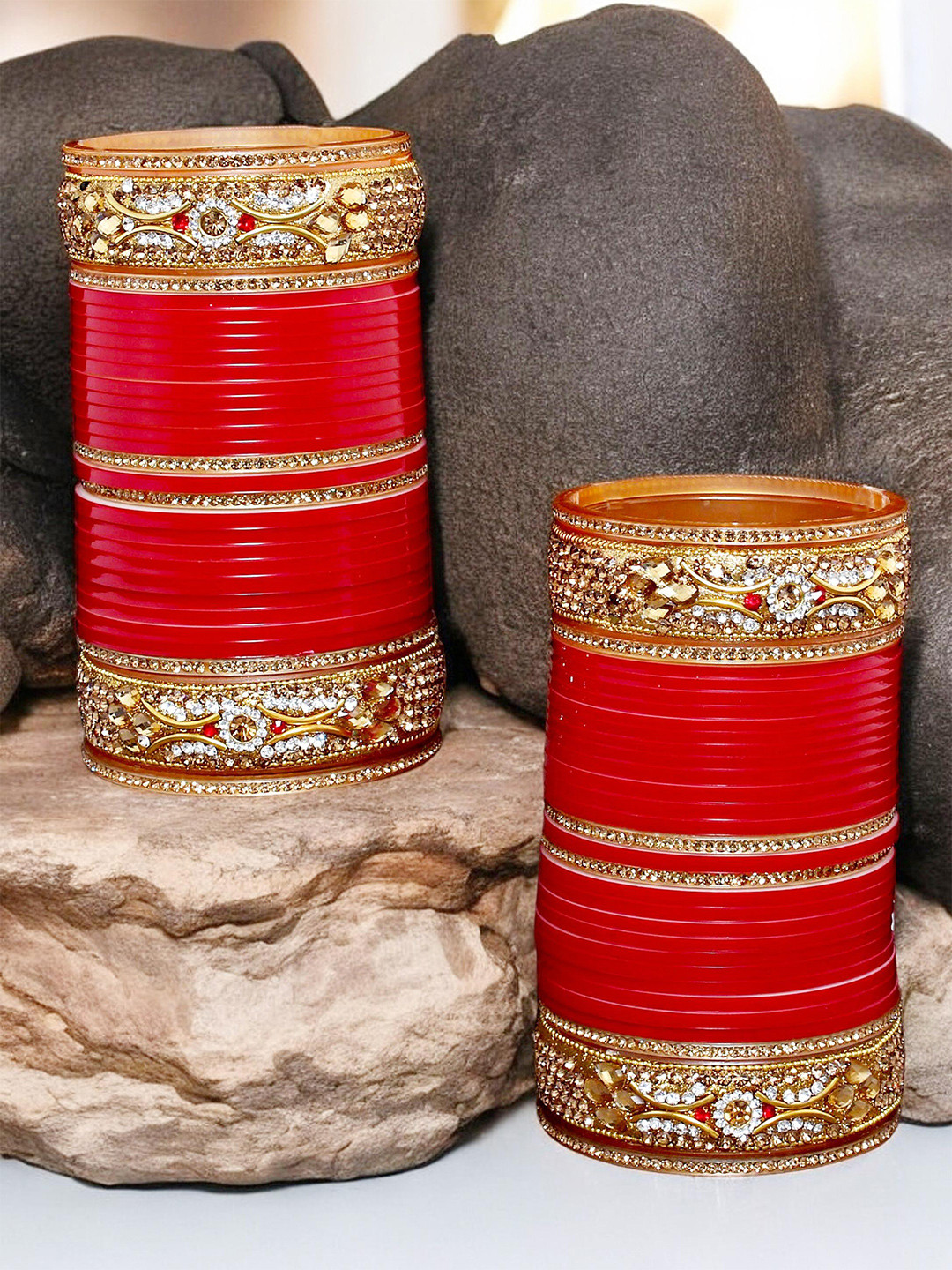 

LUCKY JEWELLERY Red CZ & Kundan Studded Punjabi Bridal Bangle Set