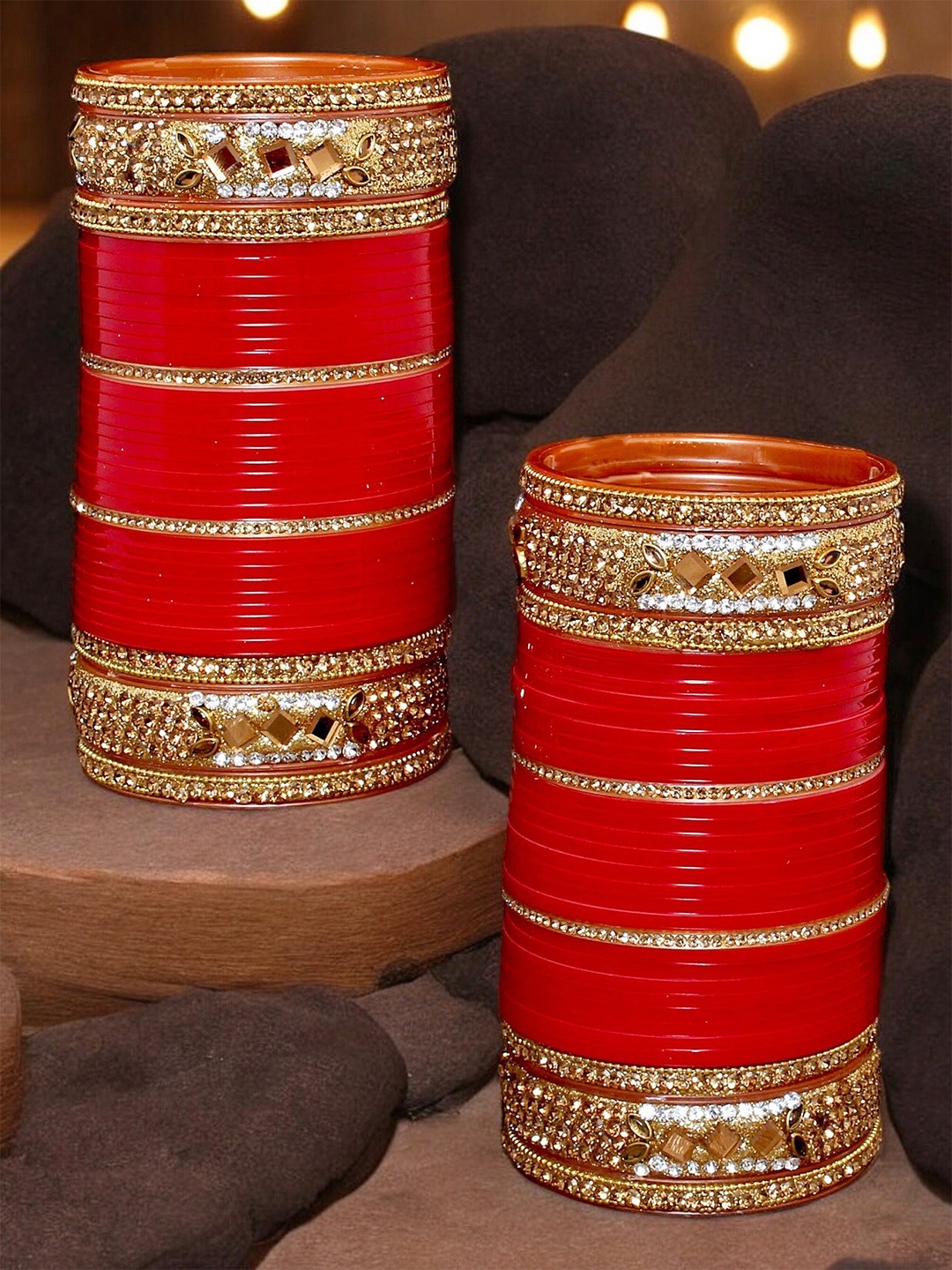 

LUCKY JEWELLERY Red CZ Stone Studded Bangle Set