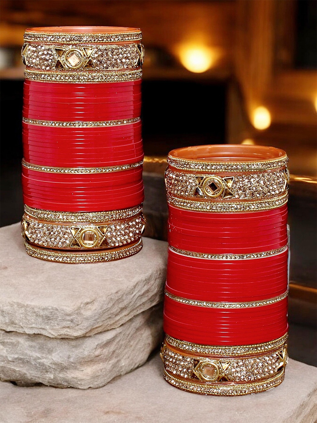 

LUCKY JEWELLERY Red CZ & Kundan Studded Punjabi Bridal Bangle Set