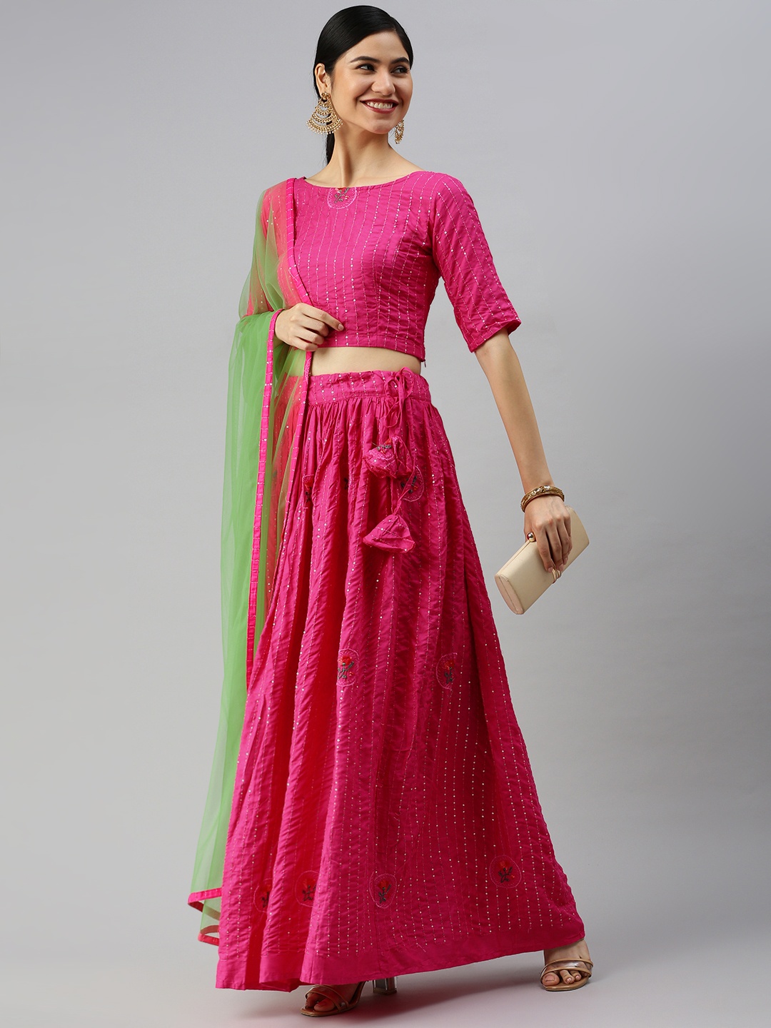 

Swishchick Pink & Golden Embroidered Ready to Wear Lehenga & Blouse With Dupatta