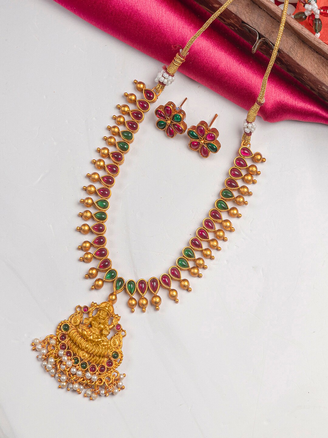 

StileAdda Gold-Plated Red & Green Stone Studded Jewellery Set