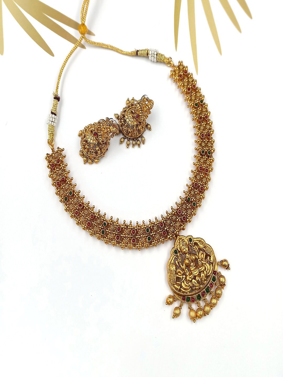 

StileAdda Gold-Plated Red & White Stone-Studded & Beaded Temple Jewellery Set