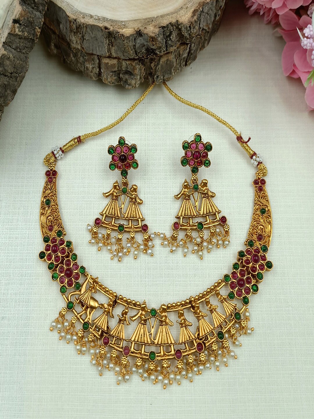 

StileAdda Gold-Plated Gold-Toned Stone Studded Temple Jewellery Set, Multi