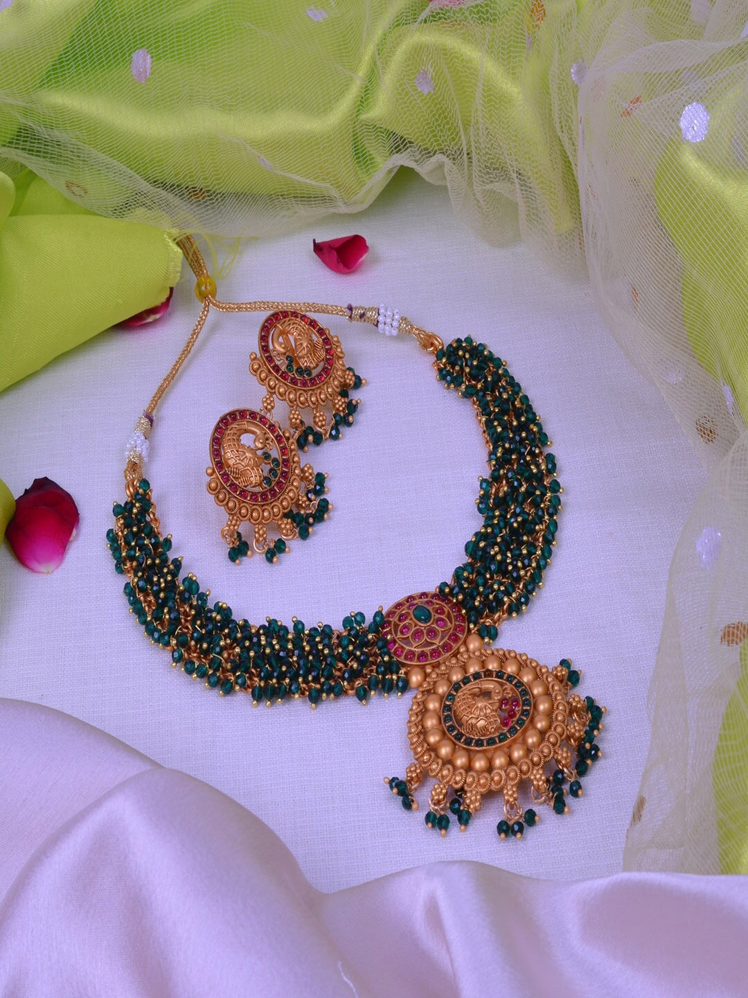 

StileAdda Gold-Plated Green Stone-Studded & Beaded Temple Jewellery Set