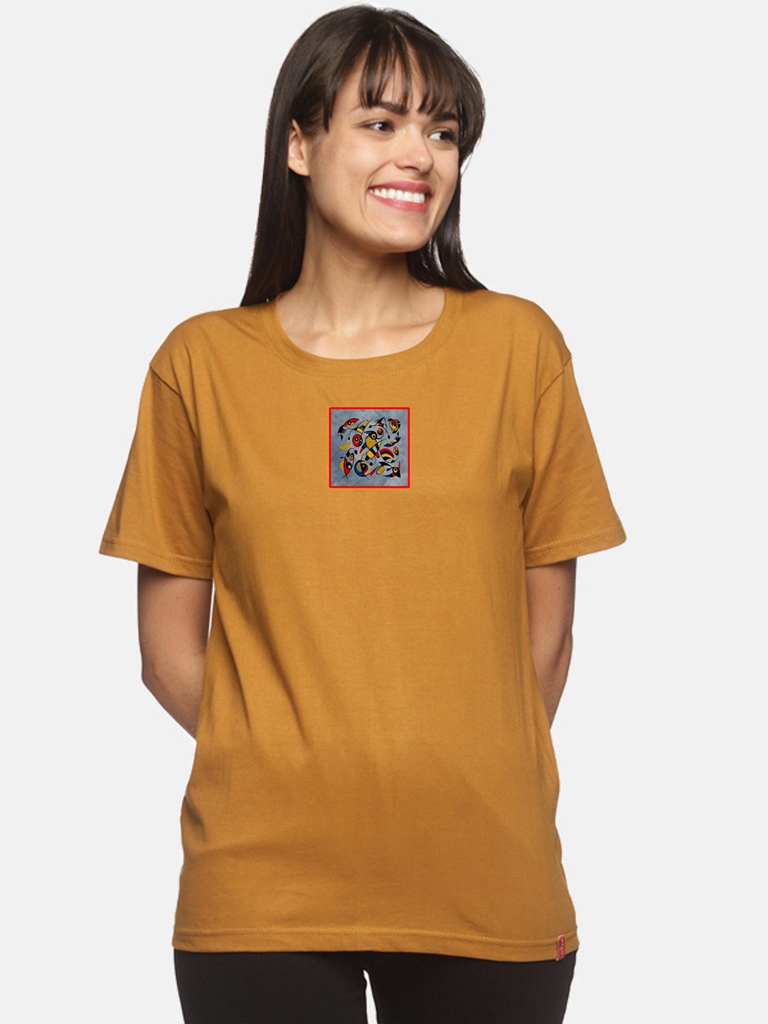 

NOT YET by us Women Mustard Yellow Printed Drop-Shoulder Sleeves T-shirt