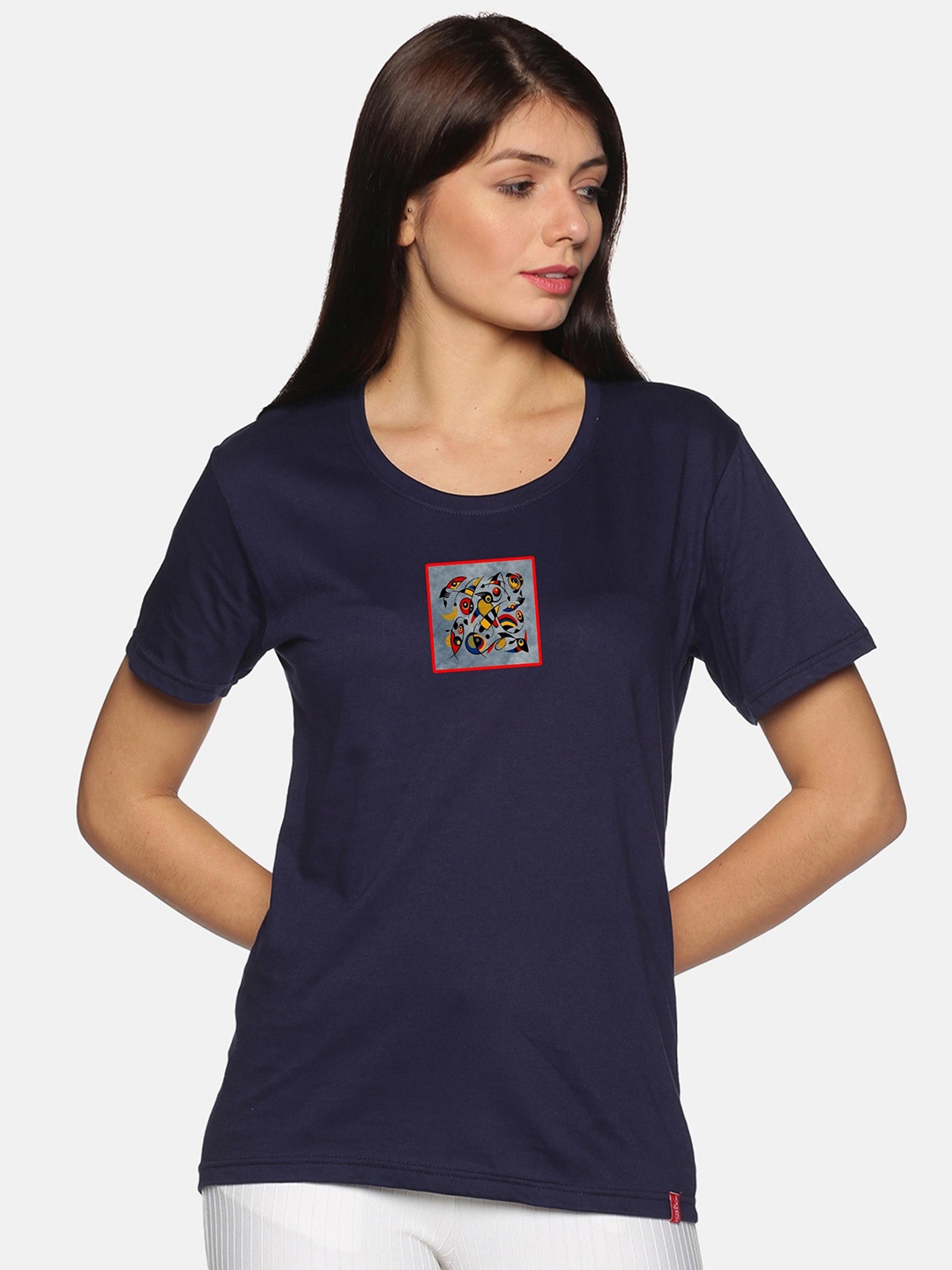 

NOT YET by us Women Navy Blue & Grey Printed Drop-Shoulder Sleeves T-shirt