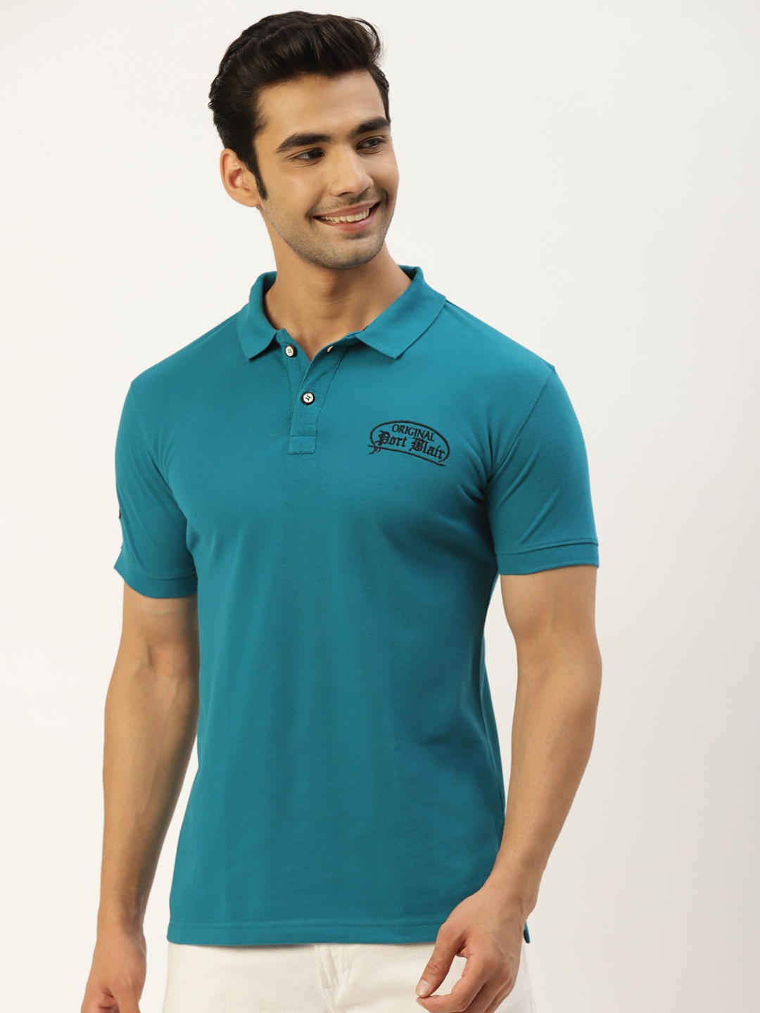 

PORTBLAIR Men Teal Blue Polo Collar T-shirt