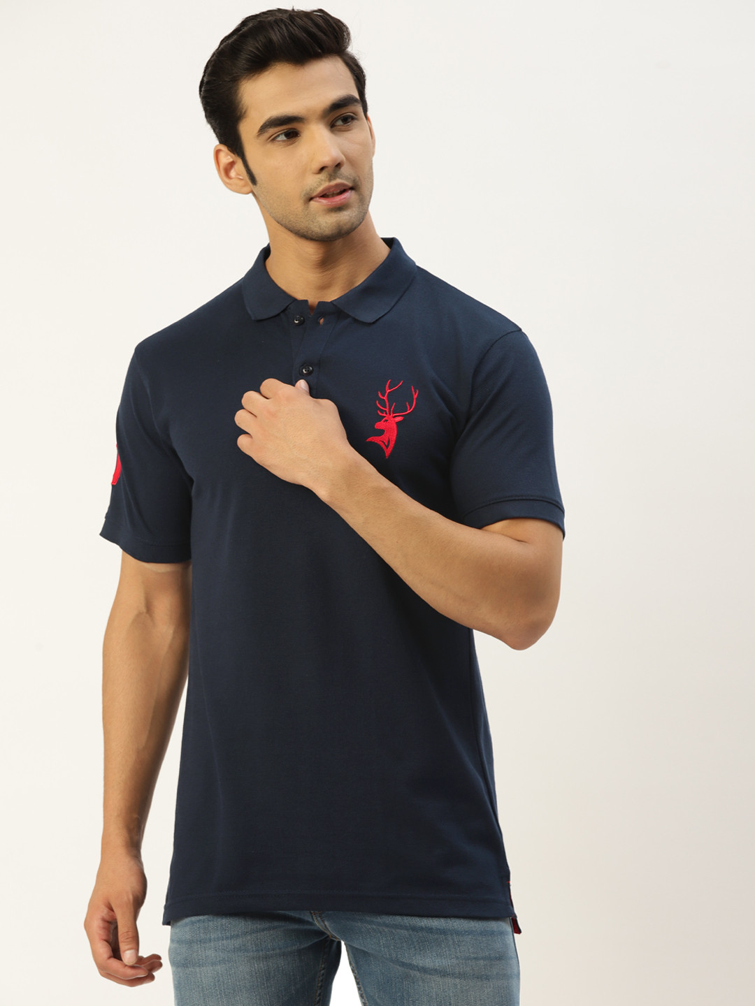 

PORTBLAIR Men Navy Blue Polo Collar Applique Slim Fit T-shirt