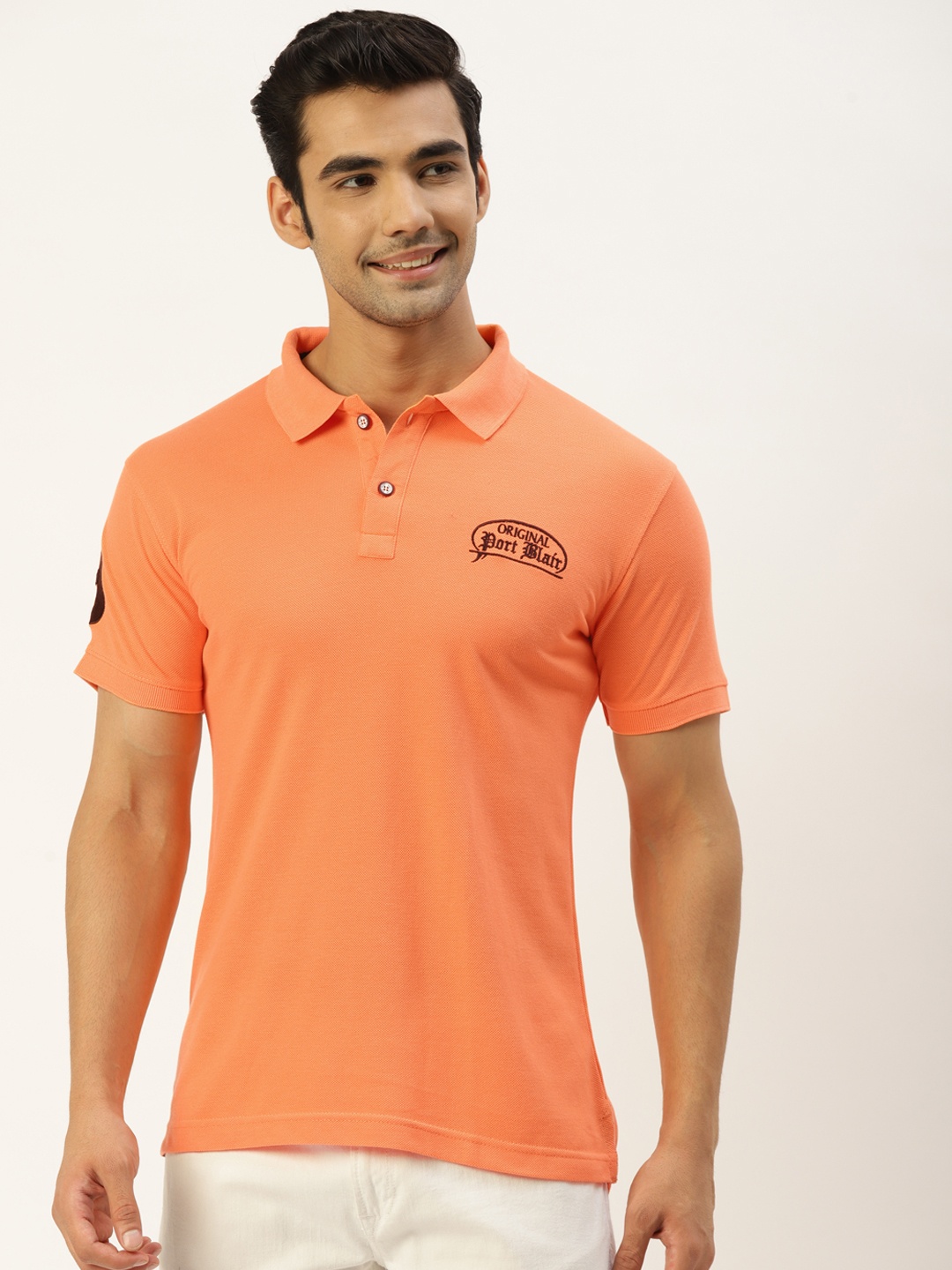 

PORTBLAIR Men Peach-Coloured Polo Collar Applique Slim Fit T-shirt