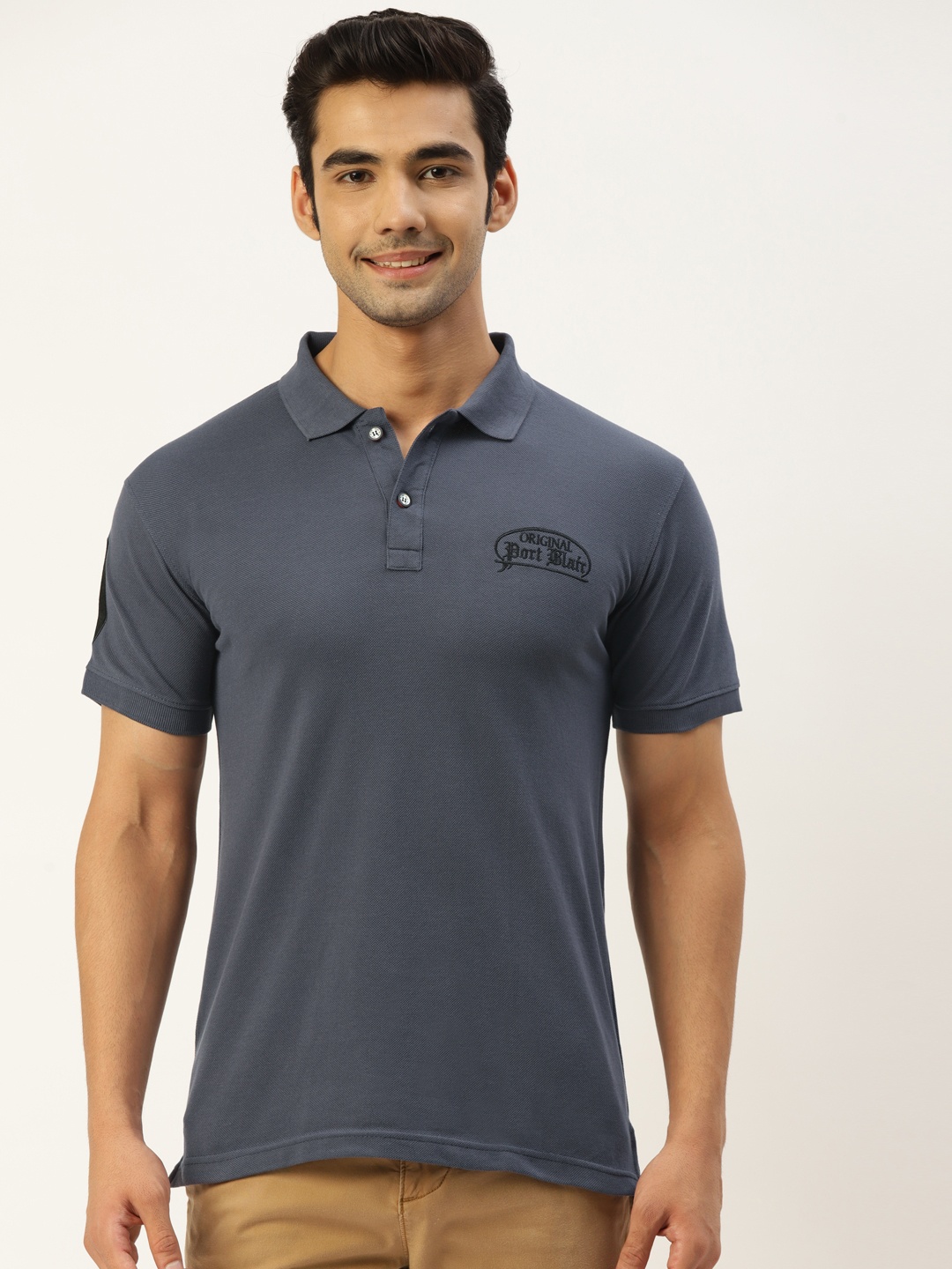 

PORTBLAIR Men Charcoal Grey Polo Collar Slim Fit T-shirt