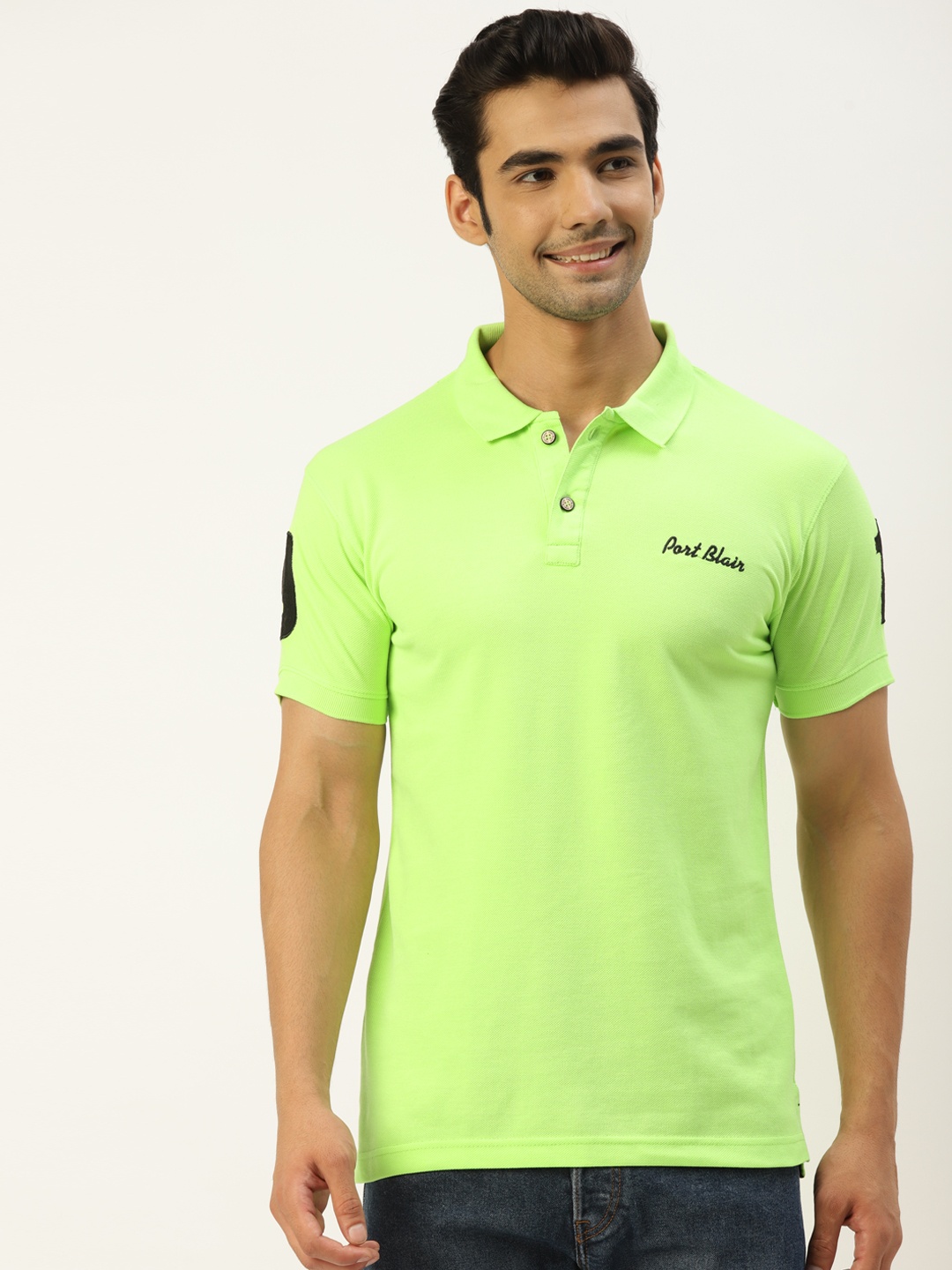 

PORTBLAIR Men Fluorescent Green Solid Polo Collar T-shirt