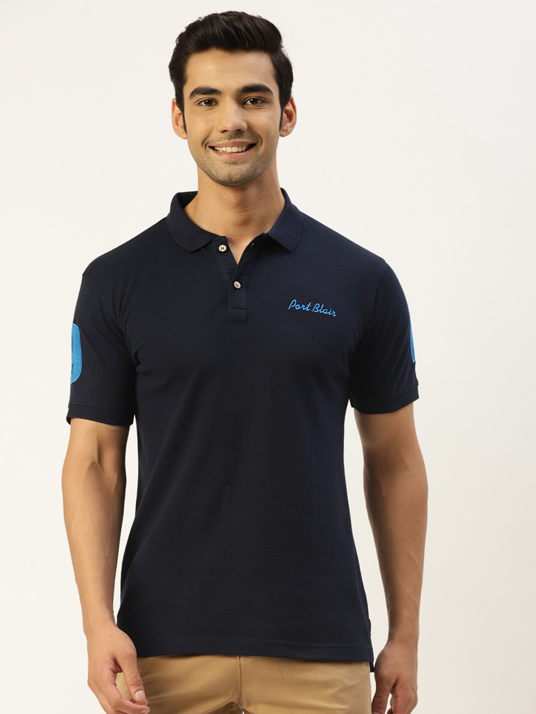 

PORTBLAIR Men Navy Blue Solid Polo Collar T-shirt