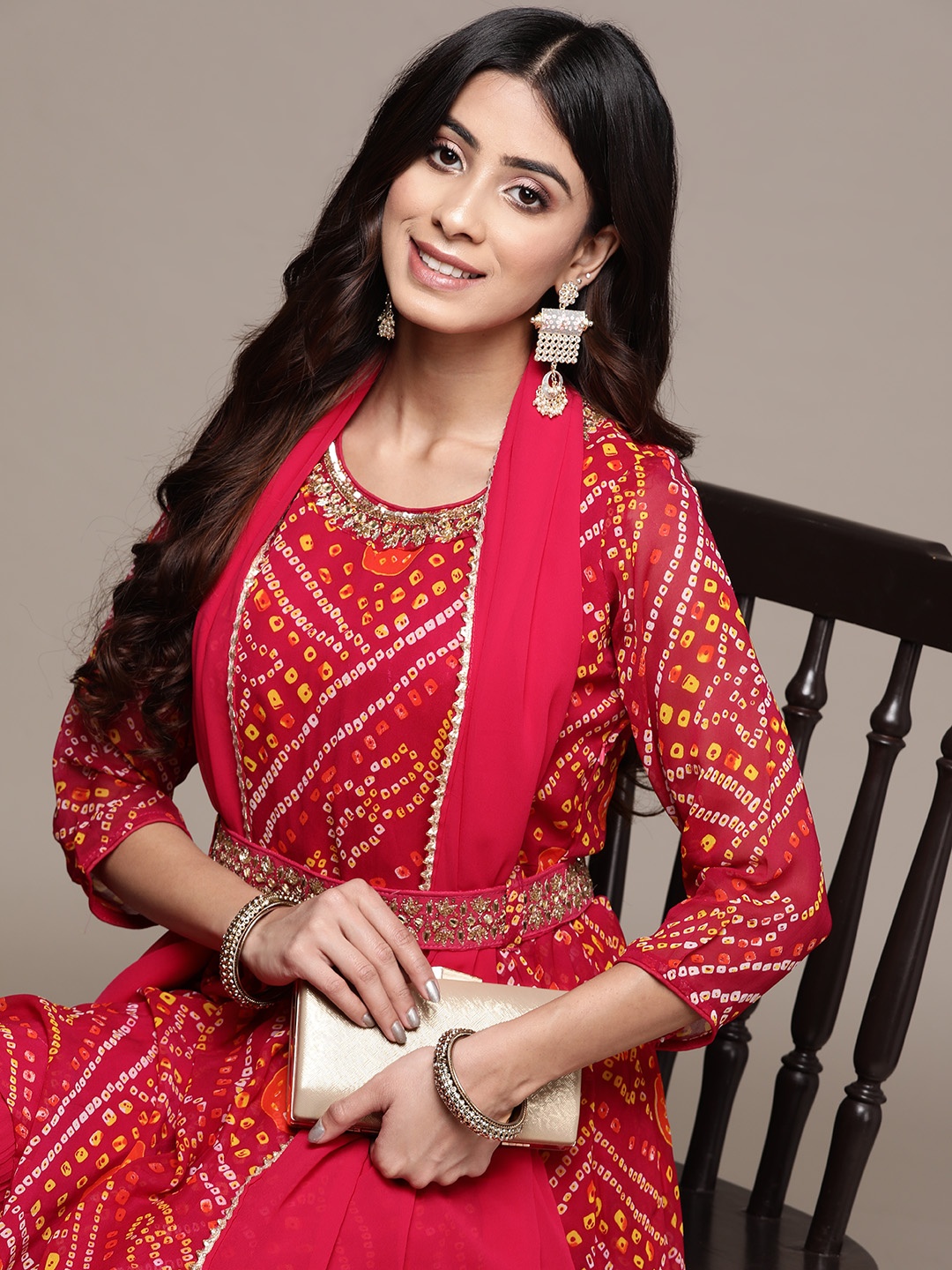

SAARYA Red & Yellow Embroidered Panelled Kurta with Sharara & With Dupatta