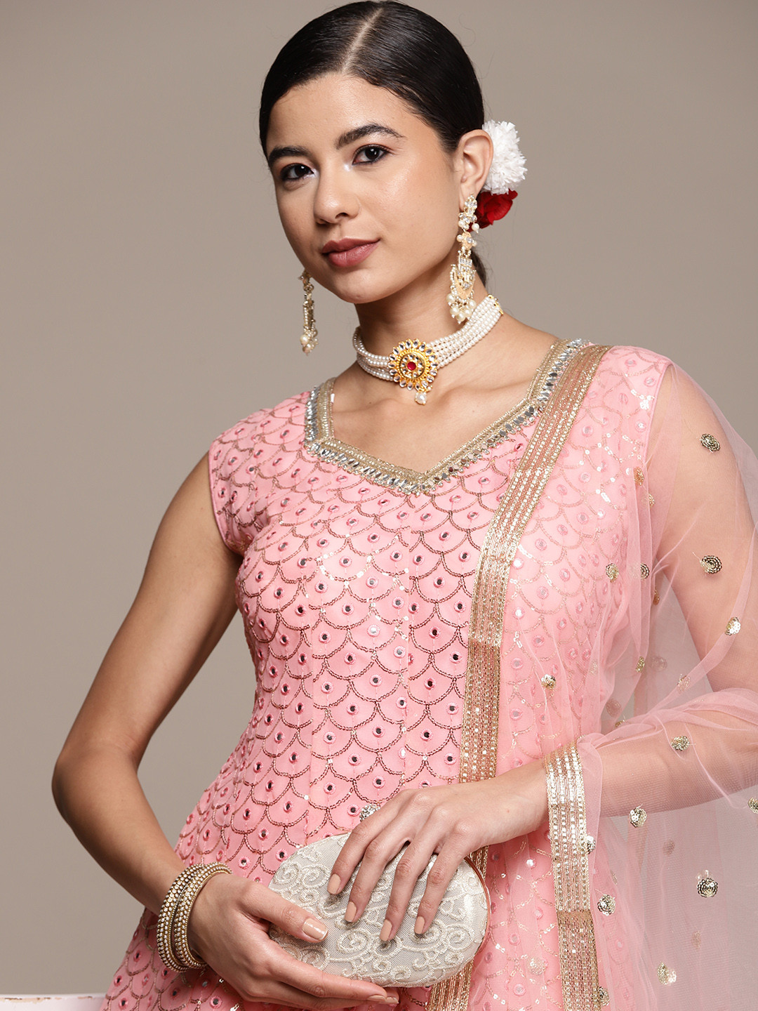 

SAARYA Women Pink Ethnic Motifs Embroidered Panelled Sequinned Kurta with Sharara & With Dupatta