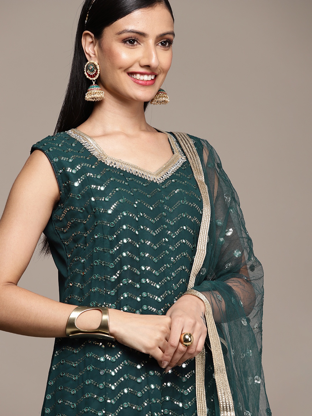 

SAARYA Women Green Ethnic Motifs Embroidered Panelled Sequinned Kurta with Sharara & With Dupatta