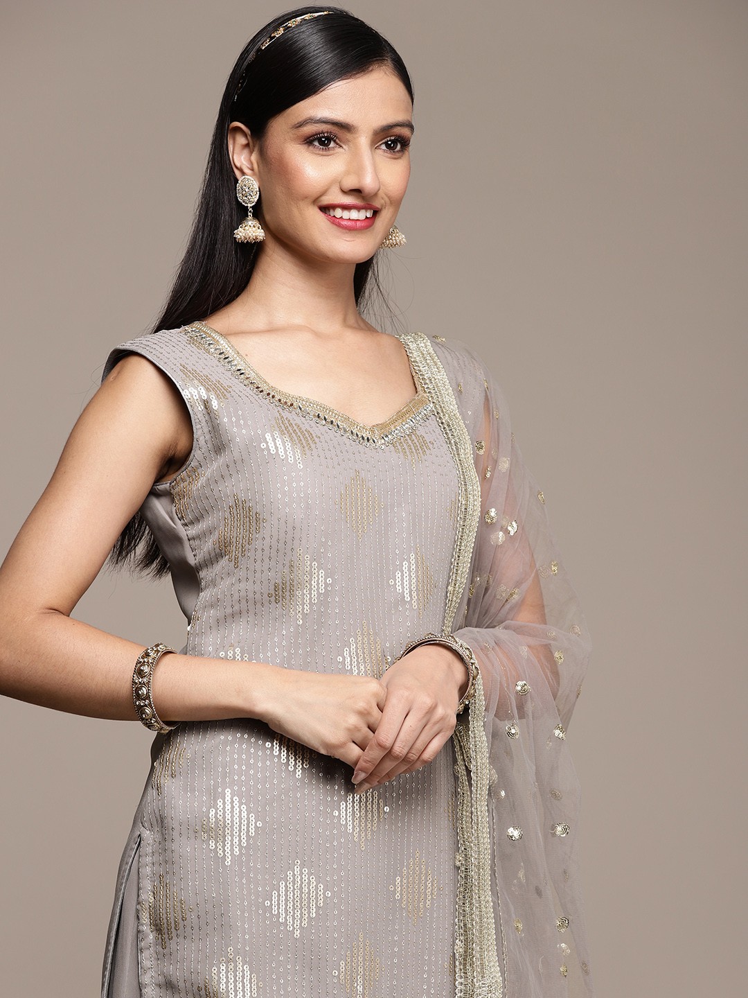 

SAARYA Women Grey Ethnic Motifs Embroidered Sequinned Kurta with Sharara & With Dupatta