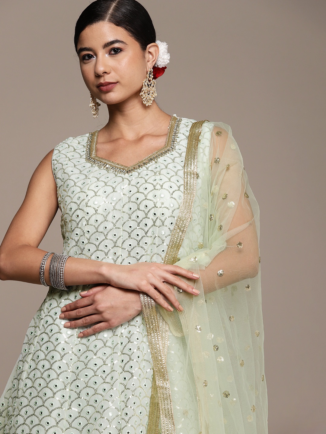 

SAARYA Women Green Panelled Sequinned Kurta with Sharara & With Dupatta
