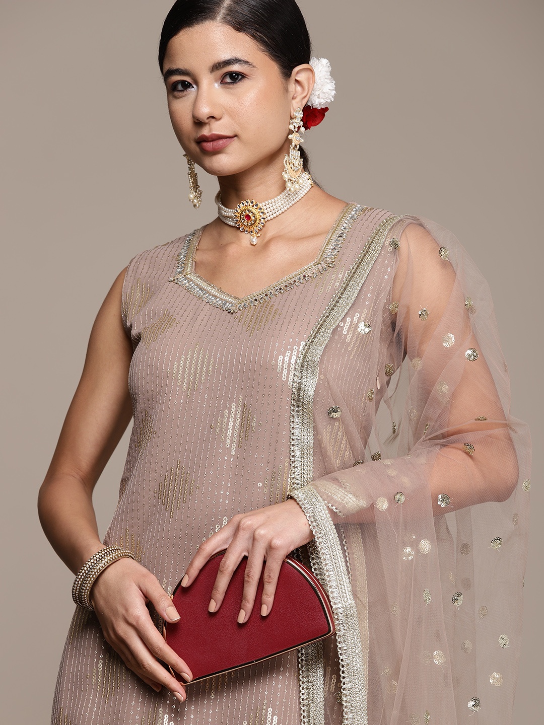 

SAARYA Women Beige Ethnic Motifs Embroidered Sequinned Kurta with Sharara & With Dupatta